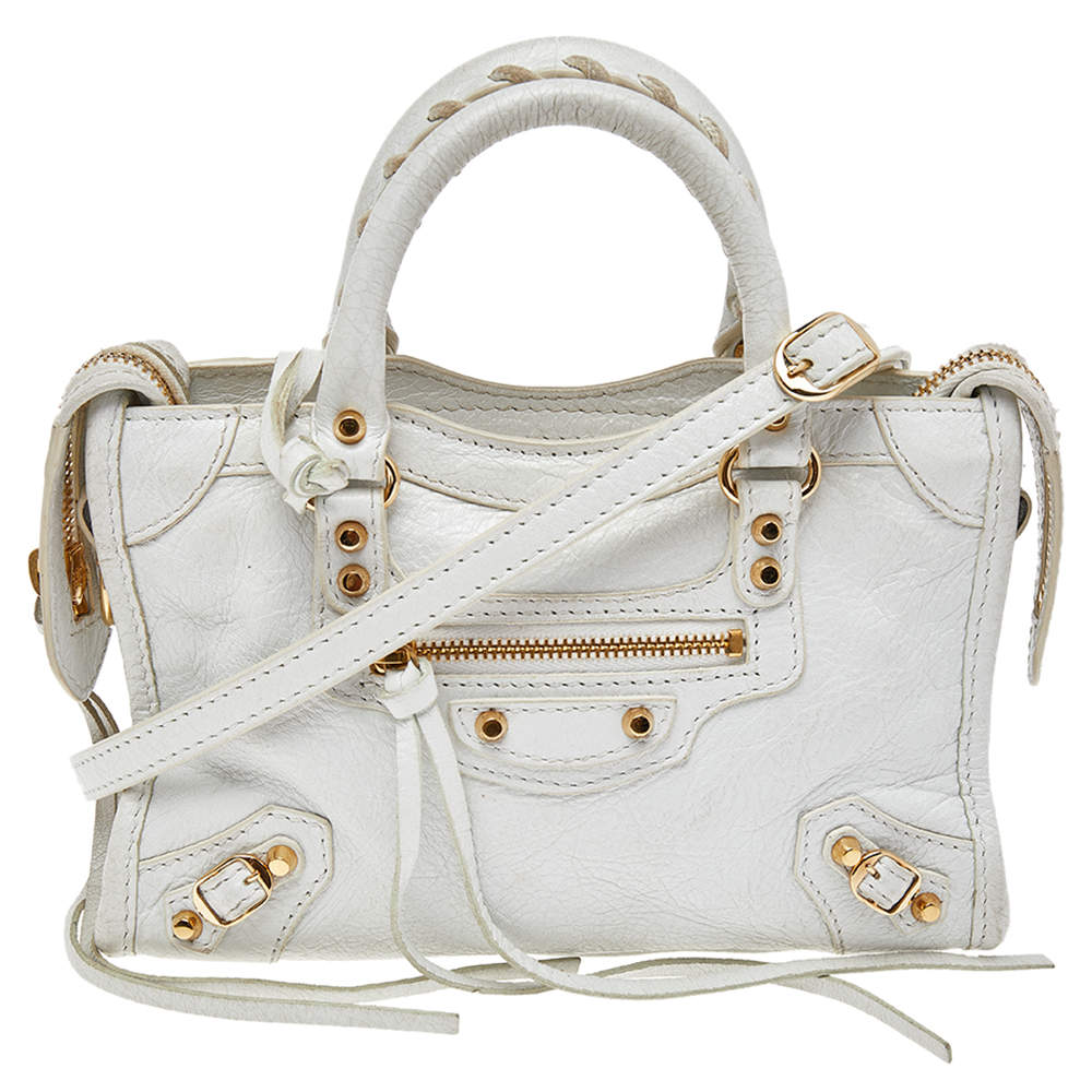 Pre Owned Balenciaga White Chevre Leather Metallic Edge Nano Classic City Tote