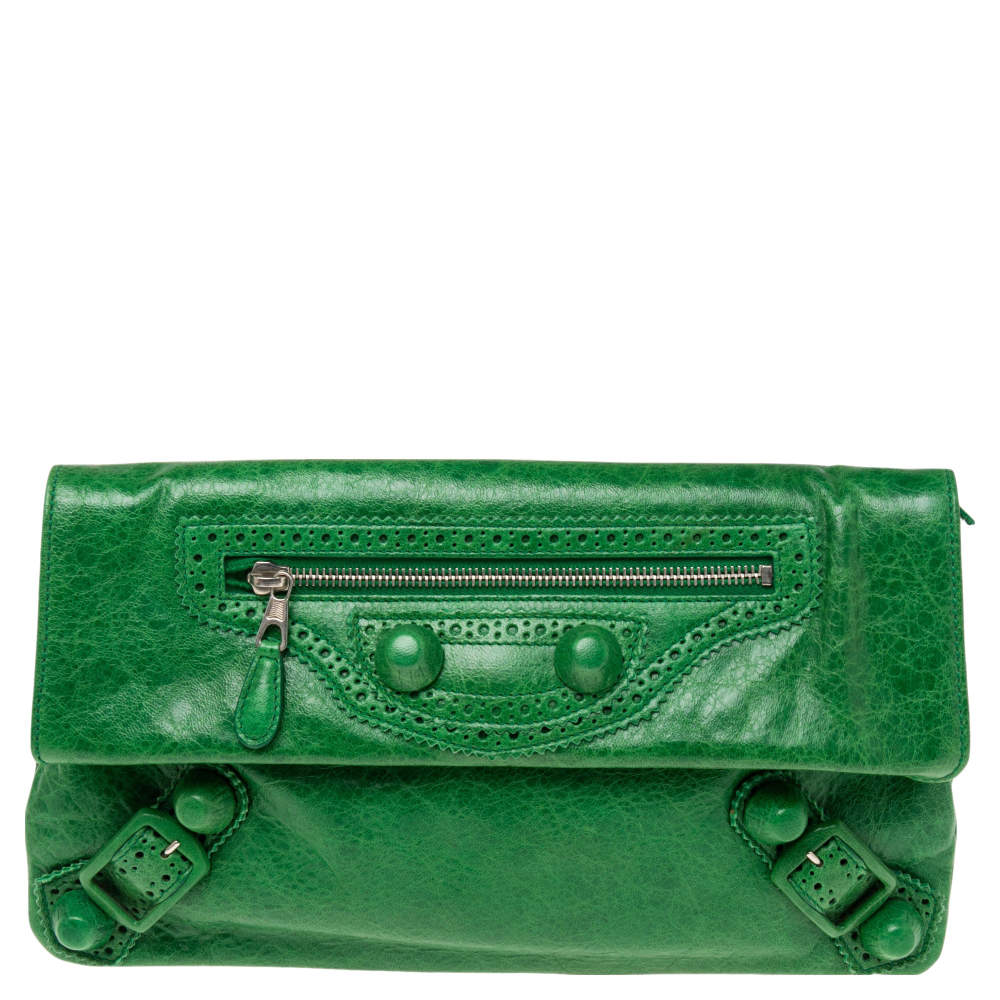 Pre Owned Balenciaga Vert Poker Leather Giant Brogues Covered Envelope Clutch