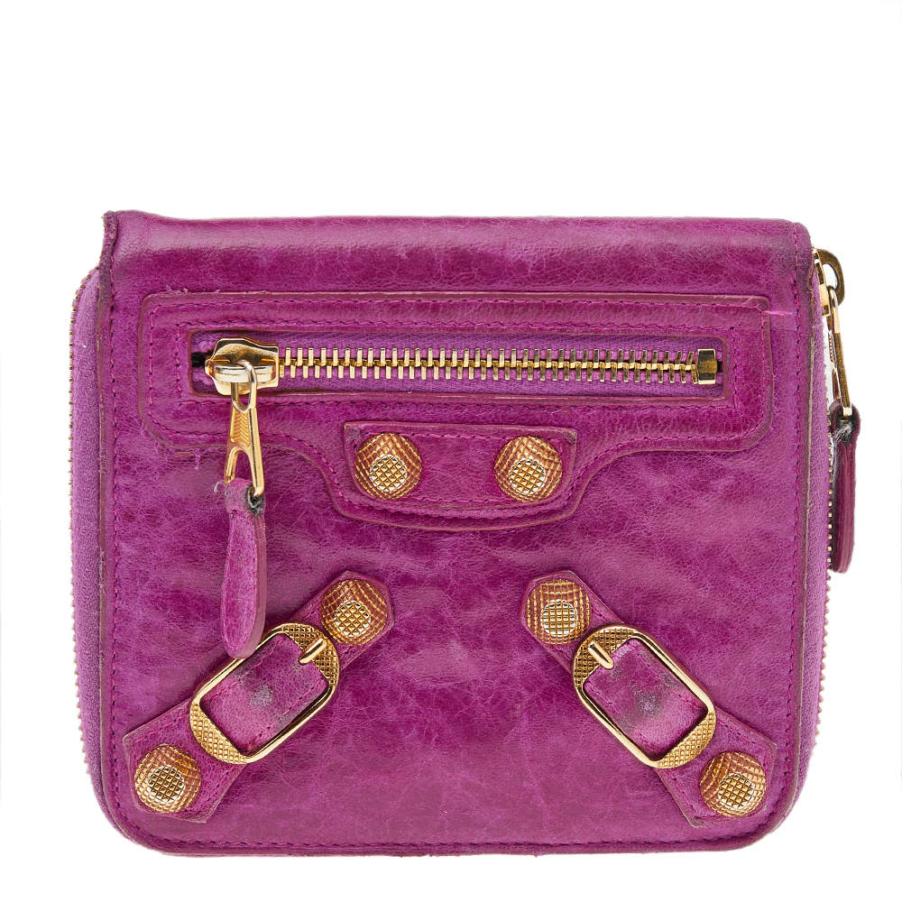 Pre Owned Balenciaga Magenta Chevre Leather Motocross Zip Around Compact Wallet