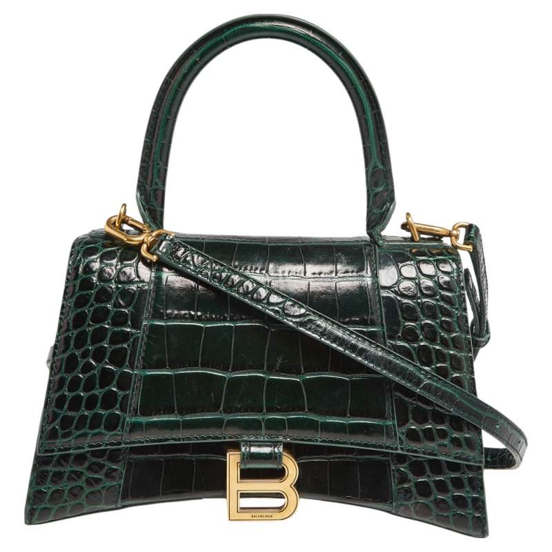 Balenciaga Green Croc Embossed Leather Hourglass Top Handle Bag