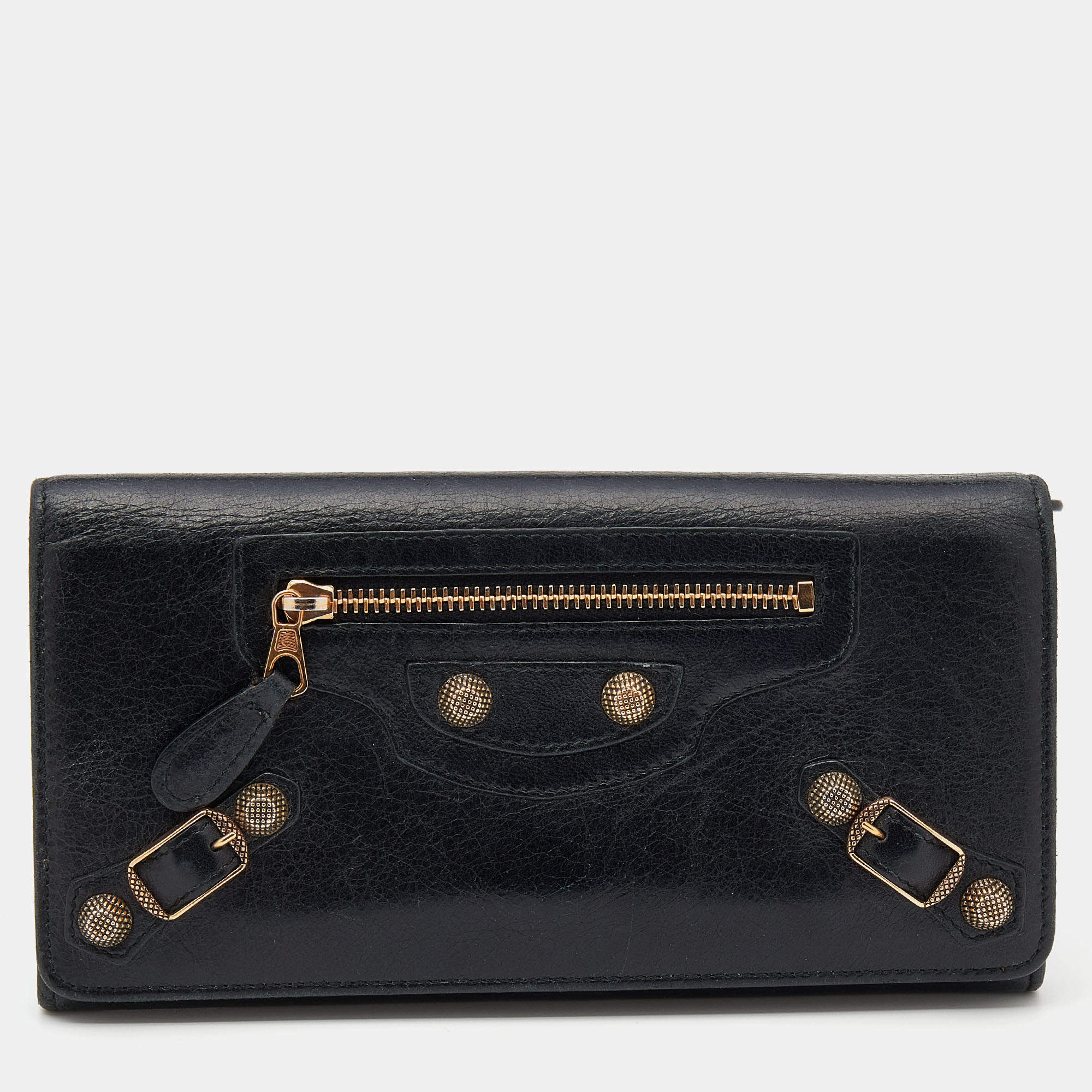 Pre Owned Balenciaga Black Leather City Flap Continental Wallet