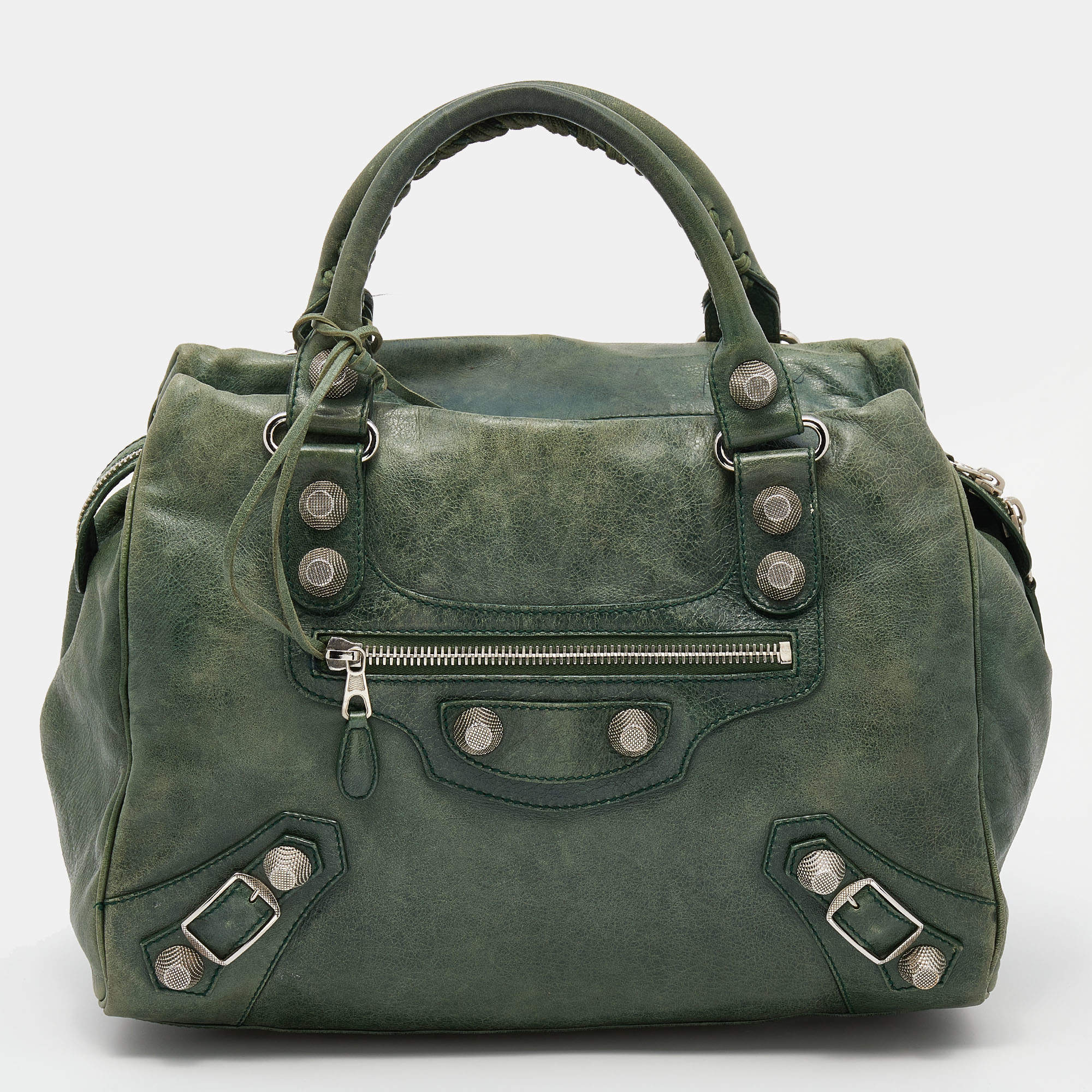 Pre Owned Balenciaga Green Leather Giant 21 Silver Midday Bag