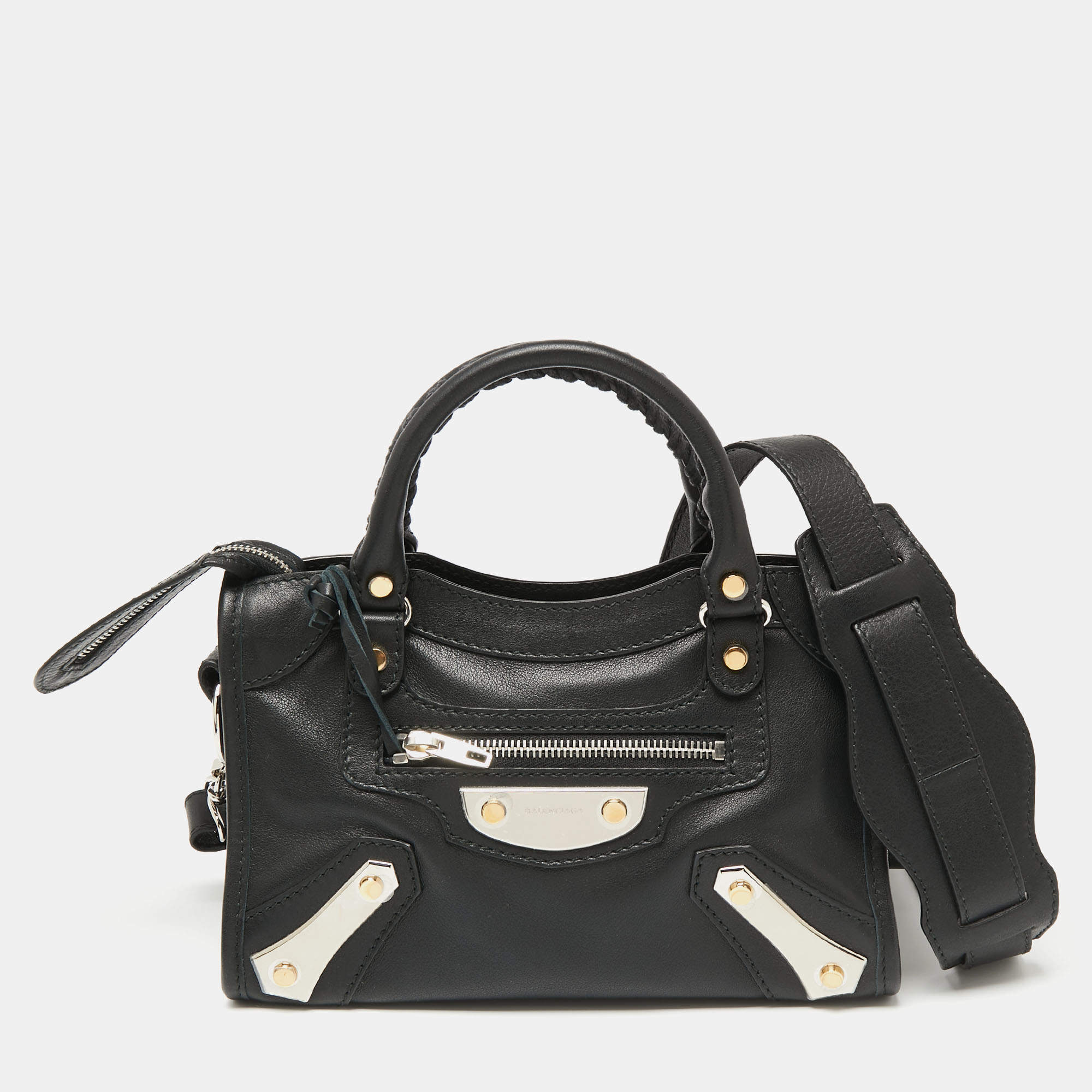 Pre Owned Balenciaga Black Leather Mini Amp Plate Silver Classic City Bag