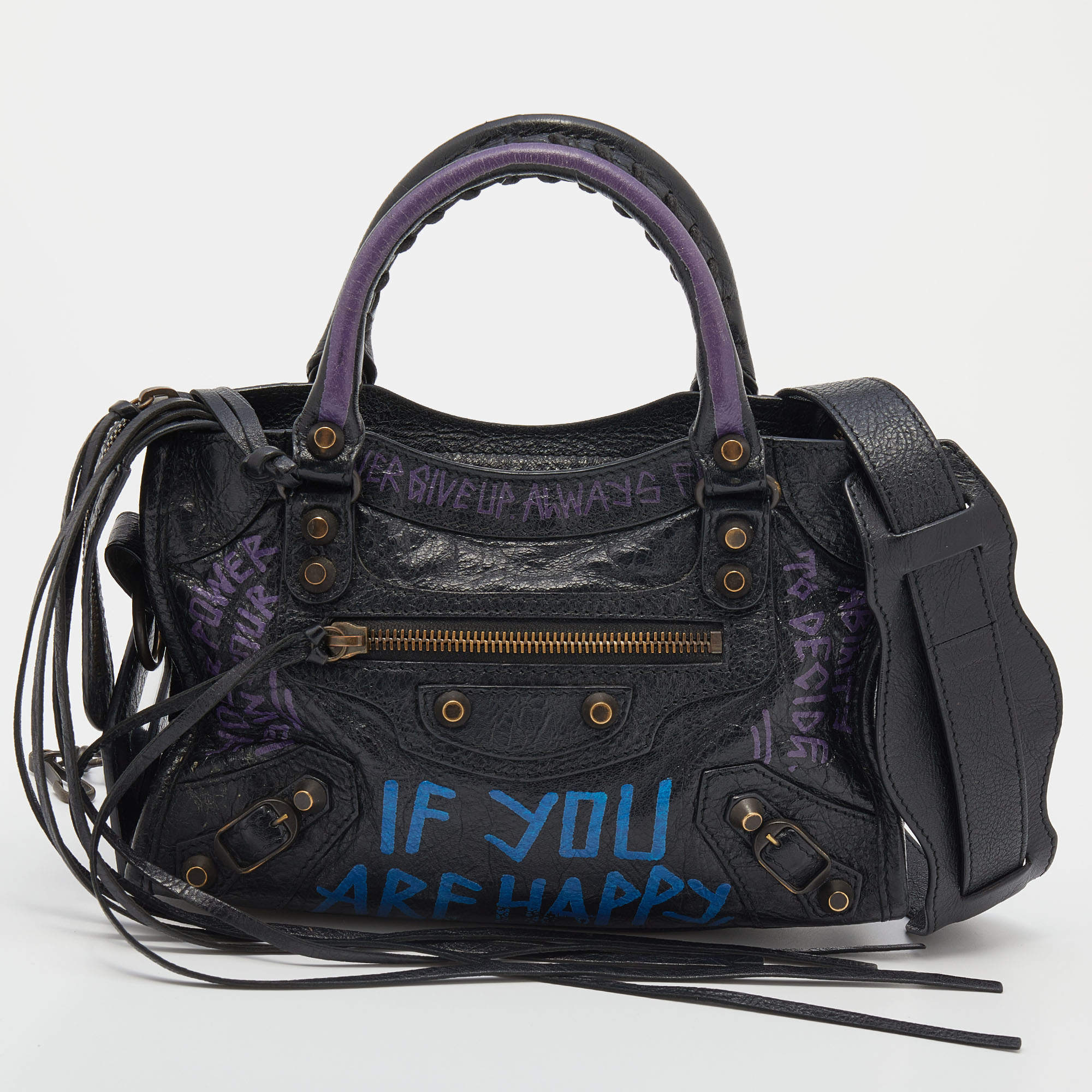Pre Owned Balenciaga Black Graffiti Leather Mini RH Classic City Bag