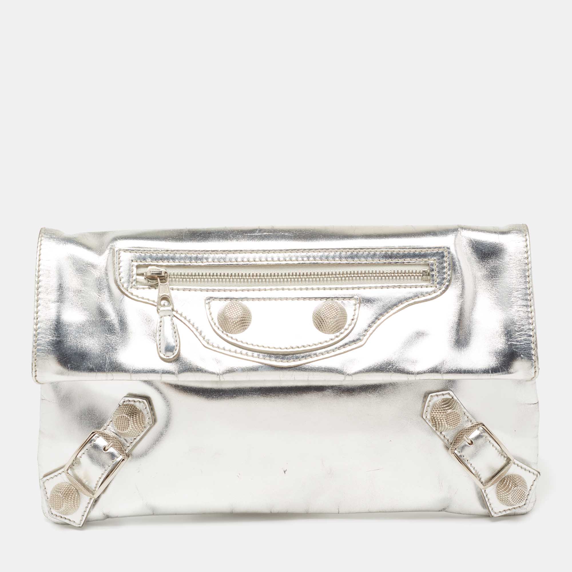 Balenciaga Silver Glossy Leather Giant 21 Envelope Flap Clutch