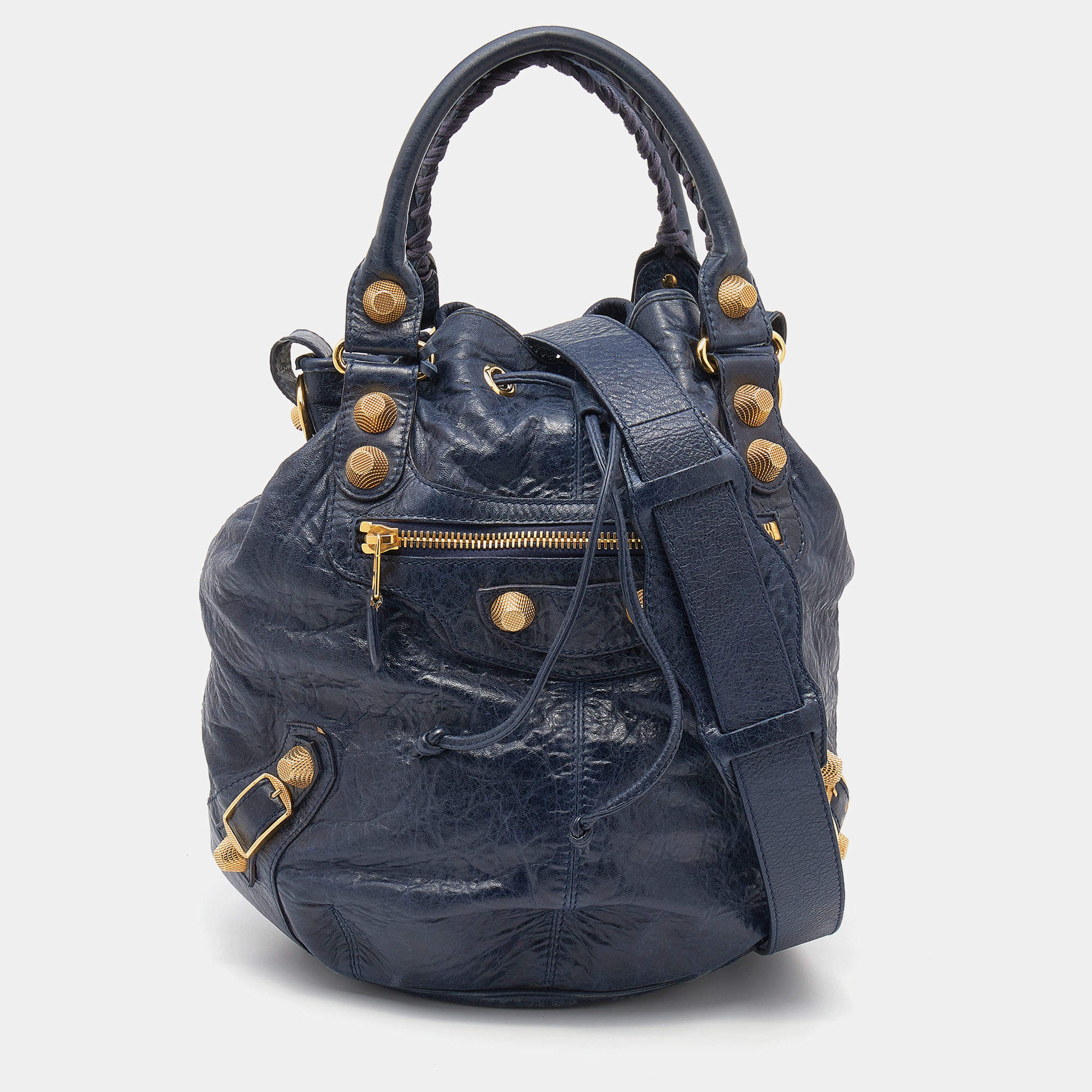 Pre Owned Balenciaga Navy Blue Leather GGH Pompon Hobo