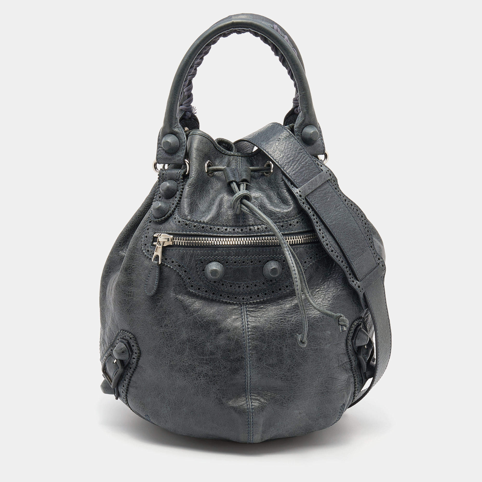  Balenciaga Grey Leather Giant Brogue Pompon Hobo