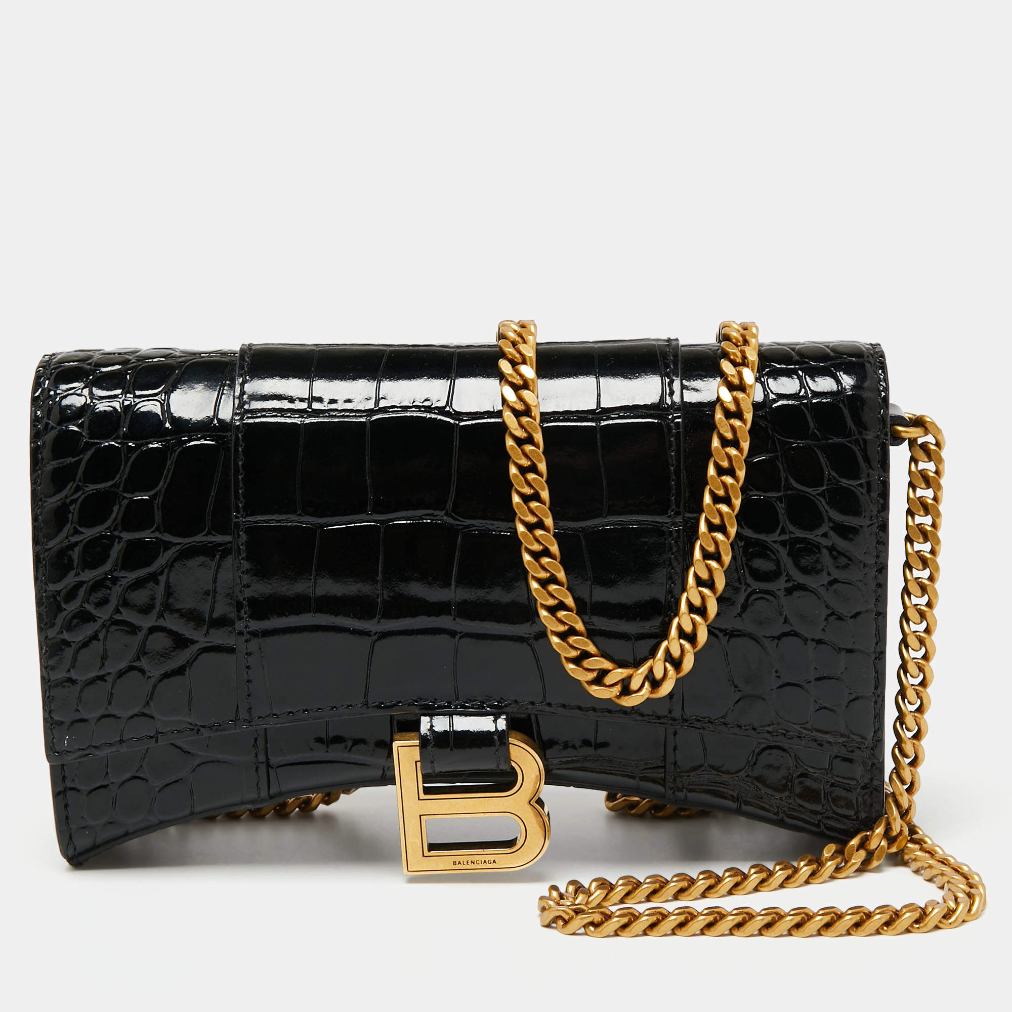 Balenciaga Black Croc Embossed Glossy Leather Hourglass Chain Bag