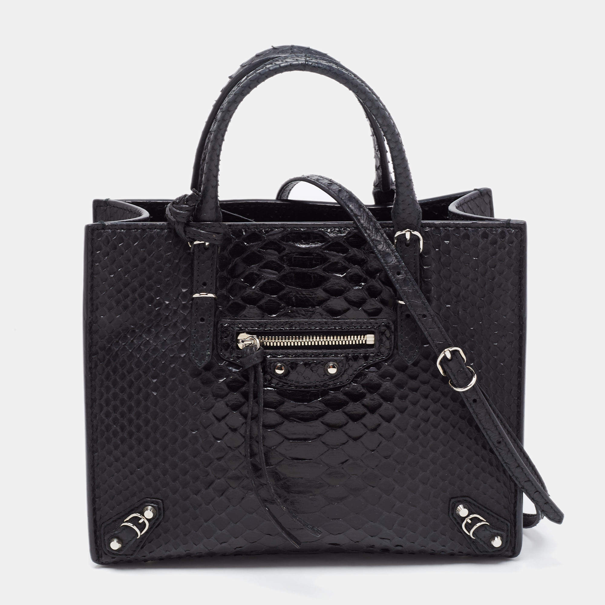 Pre Owned Balenciaga Black Python Mini Papier A4 Tote