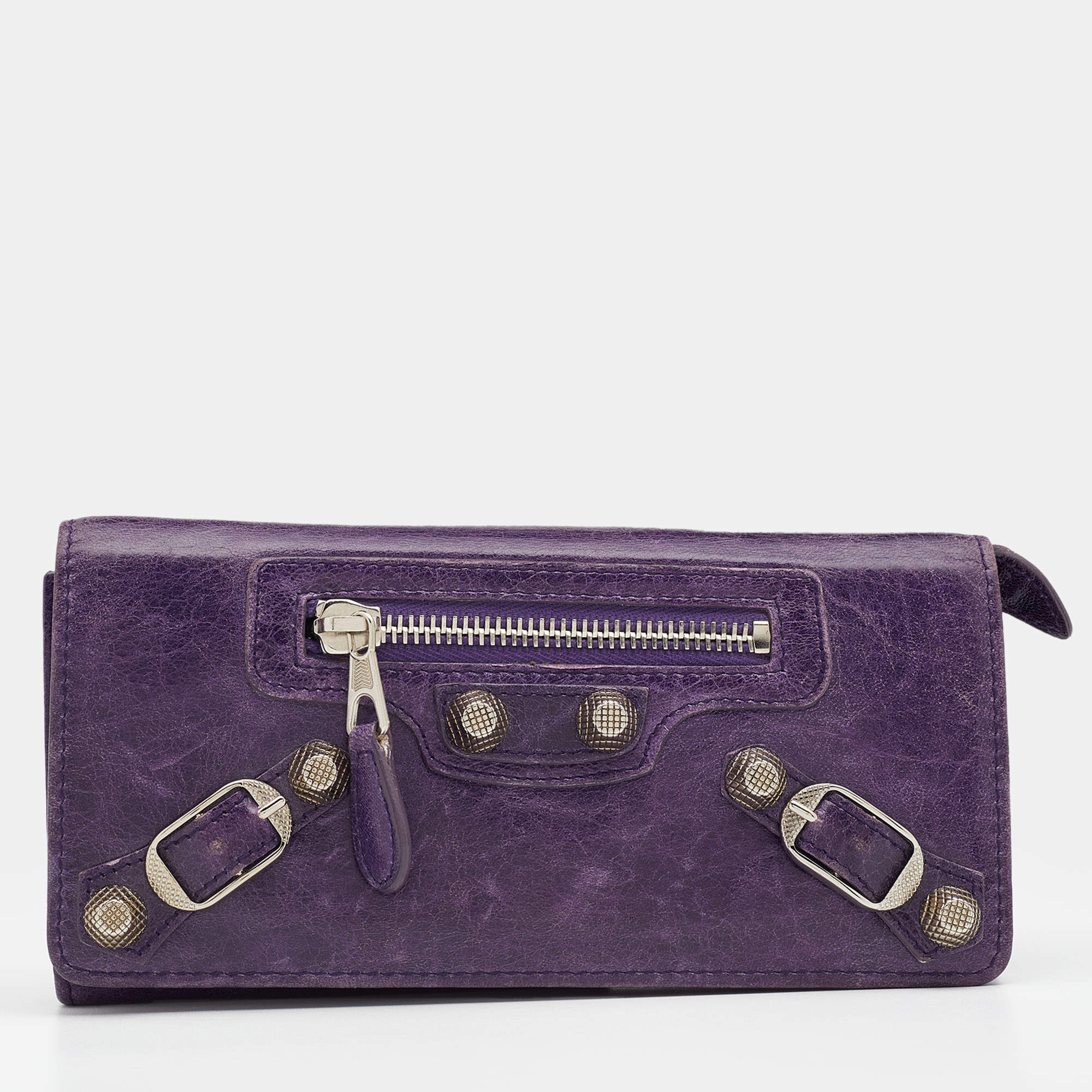 Pre Owned محفظة نقود بالنسياغا غيانت 12 جلد عنابي ومعدن فضي اللون