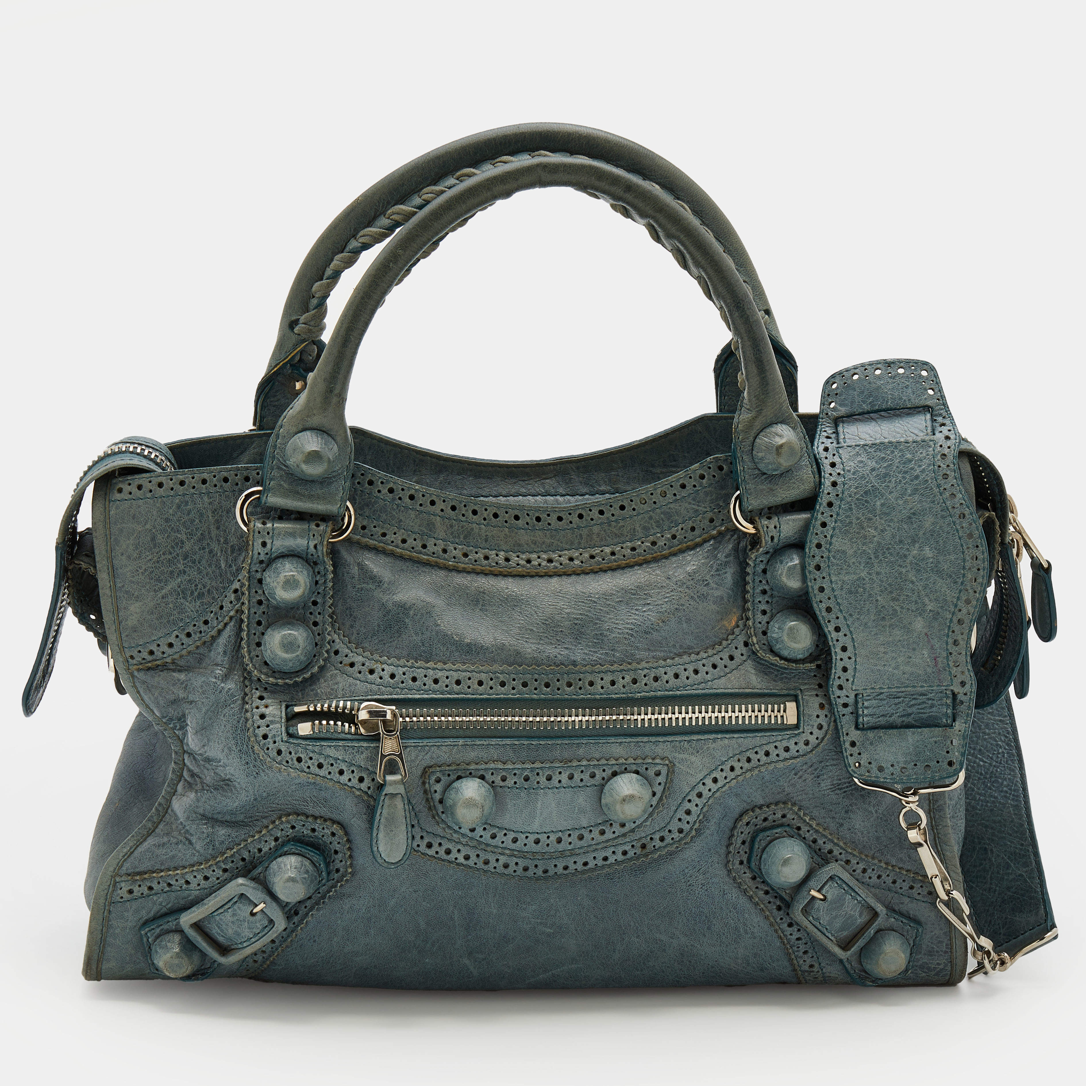 Pre Owned Balenciaga Evergreen Leather Giant Brogues Hardware Classic City Tote