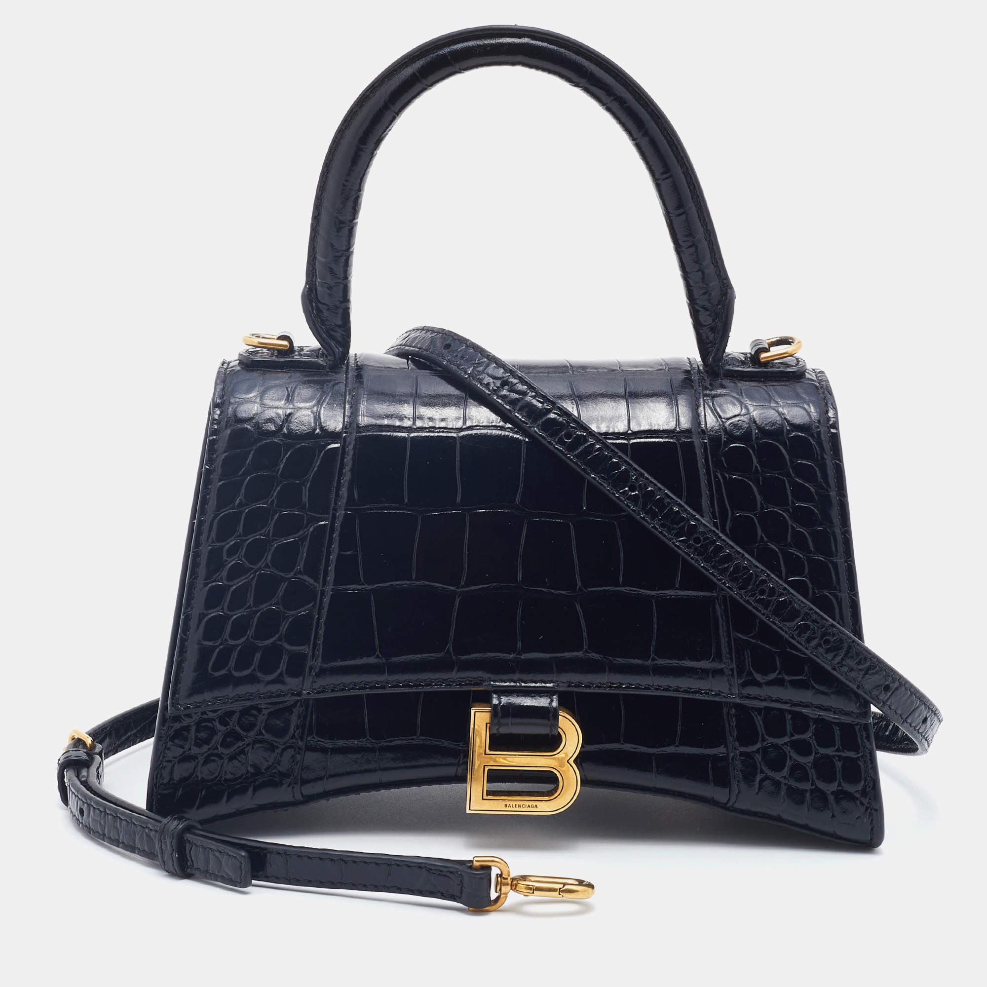 مملوكة مسبقًا Balenciaga Black Croc Embossed Leather Small Hourglass Box Top Handle Bag