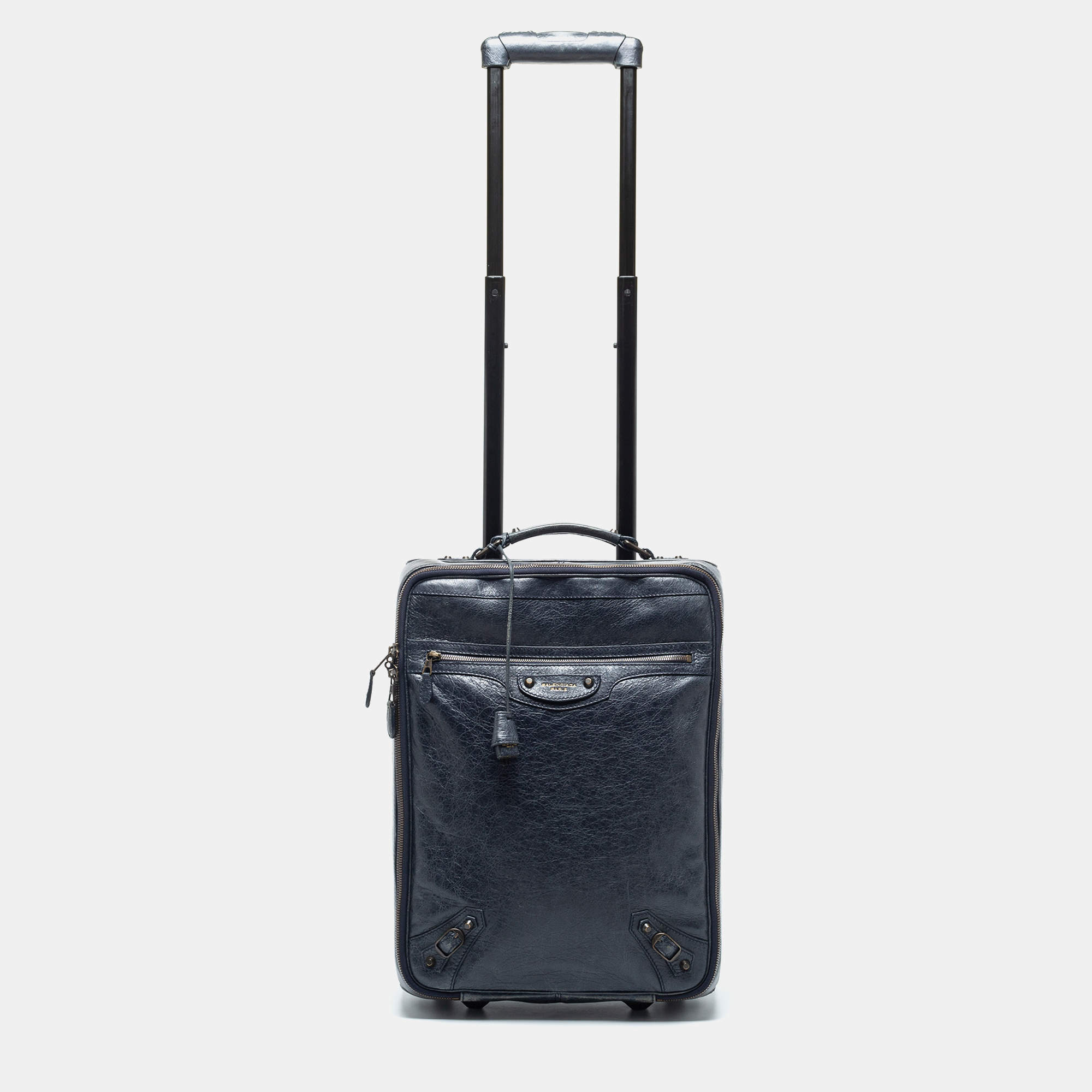 Pre Owned Balenciaga Navy Blue Leather Classic Hardware Voyage Carry On Trolley