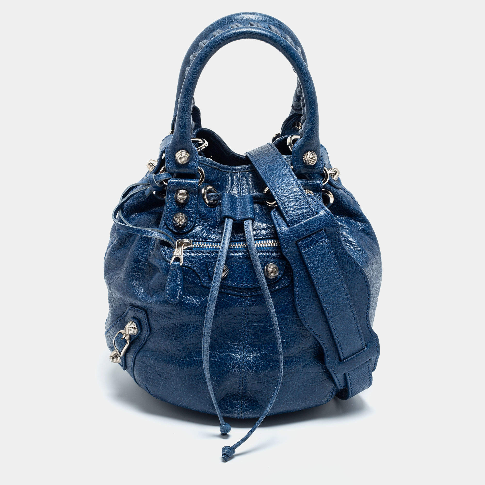 Pre Owned Balenciaga Blue Leather Pompon GSH Hobo