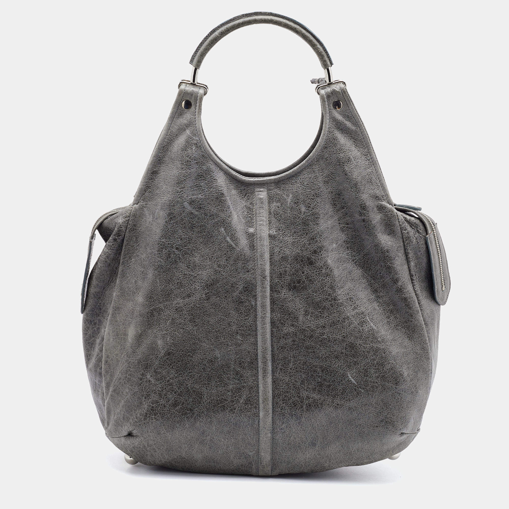 Pre Owned Balenciaga Grey Leather Pompon Shoulder Bag
