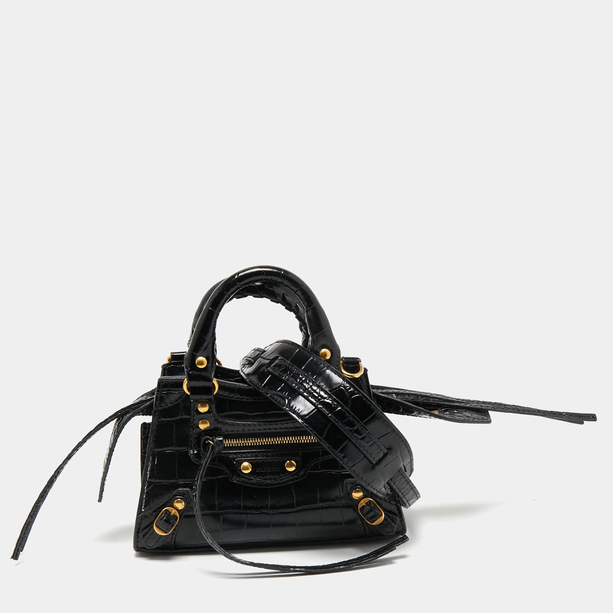 Pre Owned Balenciaga Black Croc Embossed Nano Neo Classic Tote