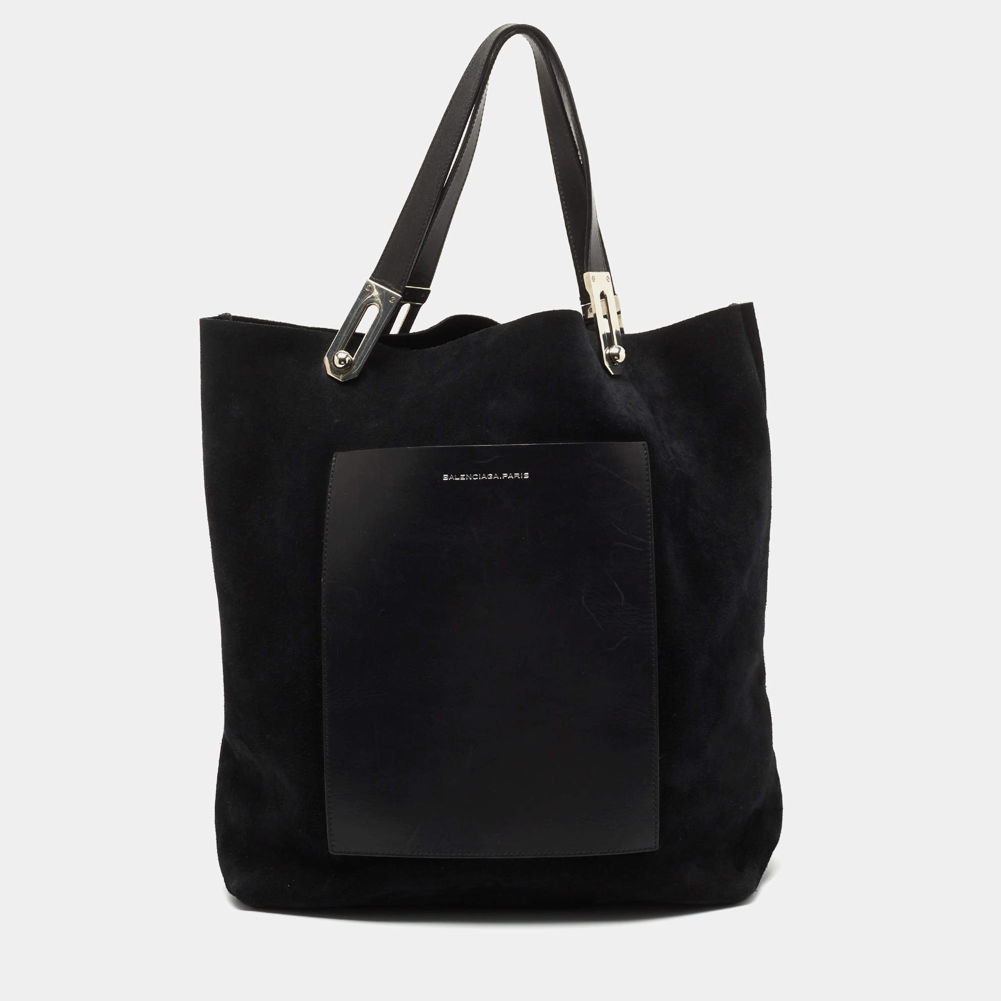 Pre Owned Balenciaga Black Leather and Suede Pocket Tote 