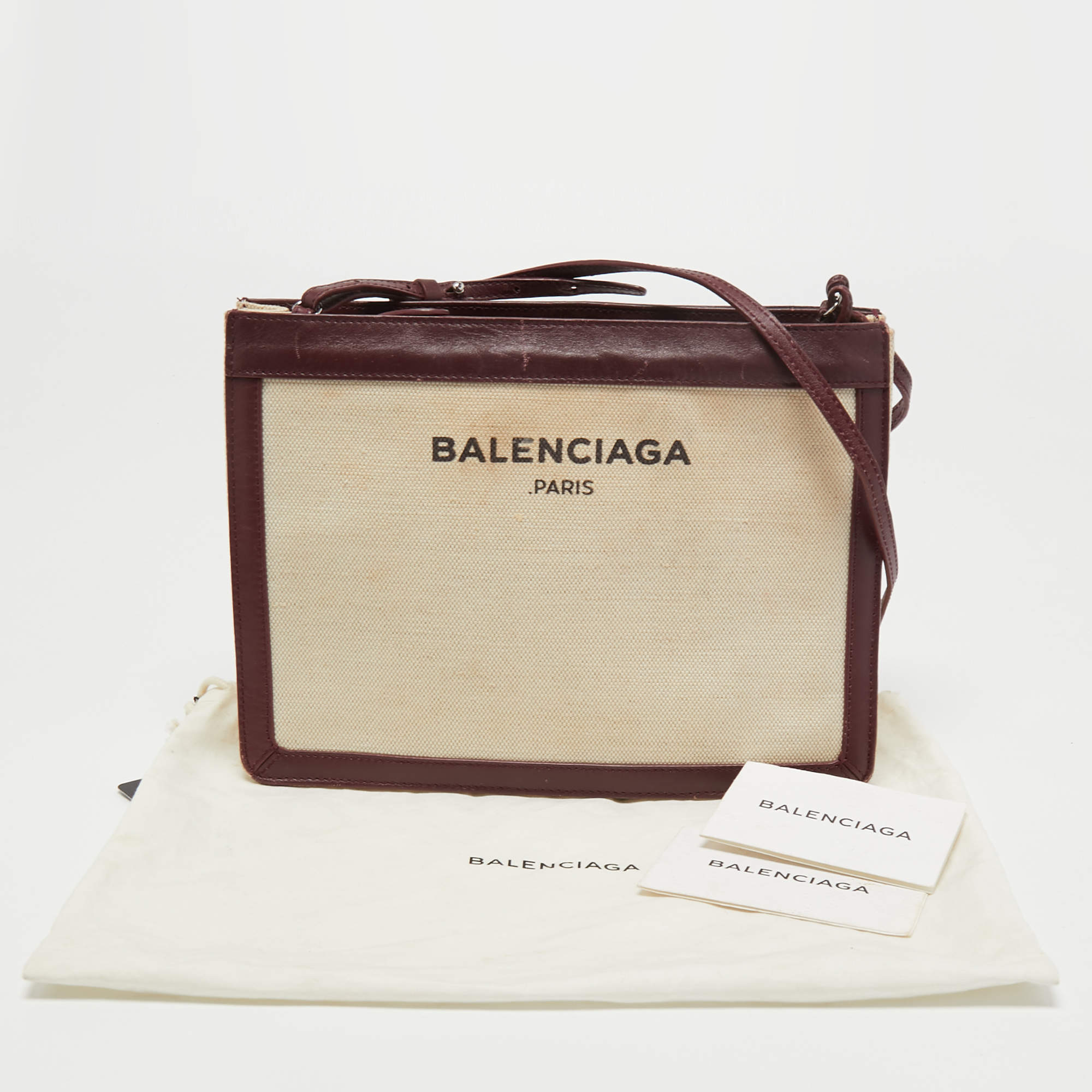 Balenciaga White Burgundy Canvas and Leather Navy Pochette Crossbody Bag