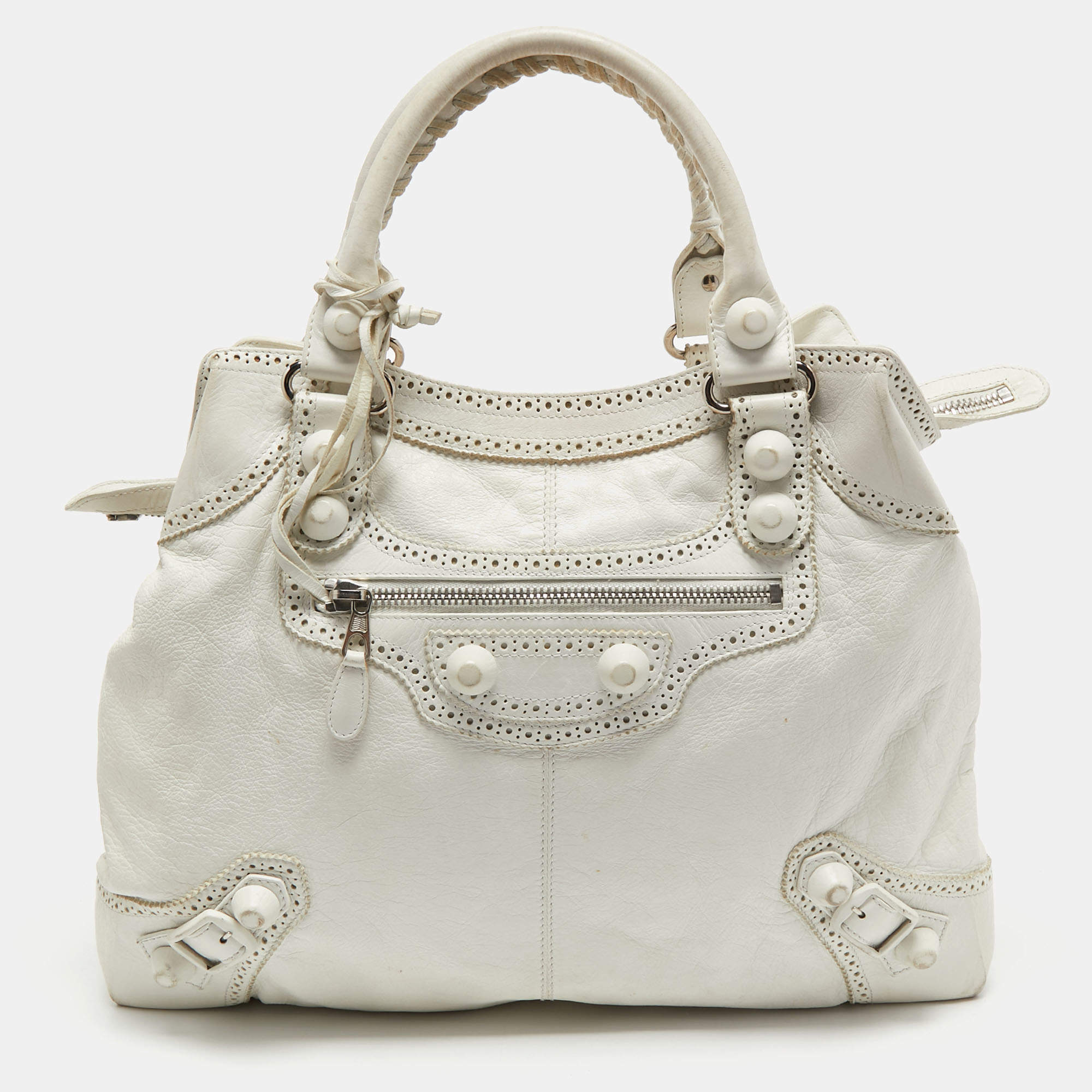Pre Owned Balenciaga White Leather GCH Brogues Brief Tote