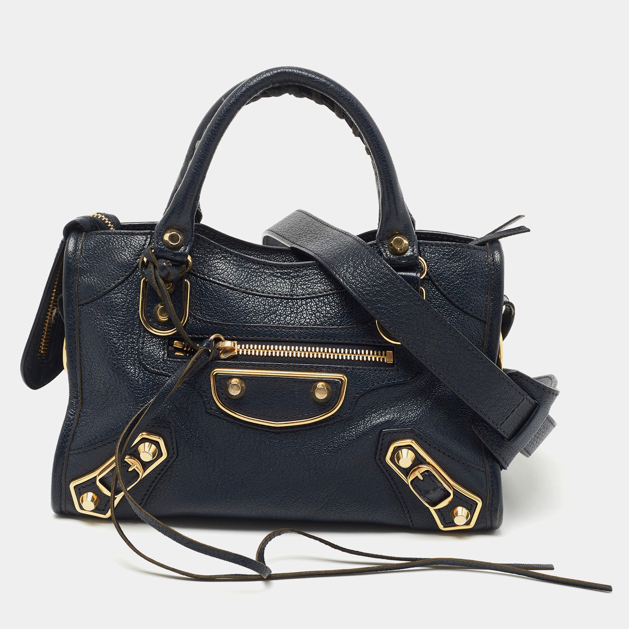 Pre Owned Balenciaga Bleu Obscur Leather Mini Classic Metallic Edge City Bag