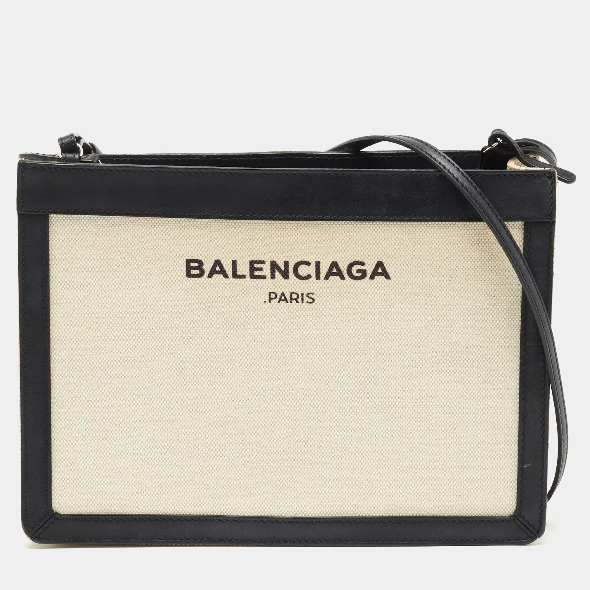 Balenciaga Black Off White Canvas and Leather Navy Pochette Shoulder Bag Balenciaga TLC