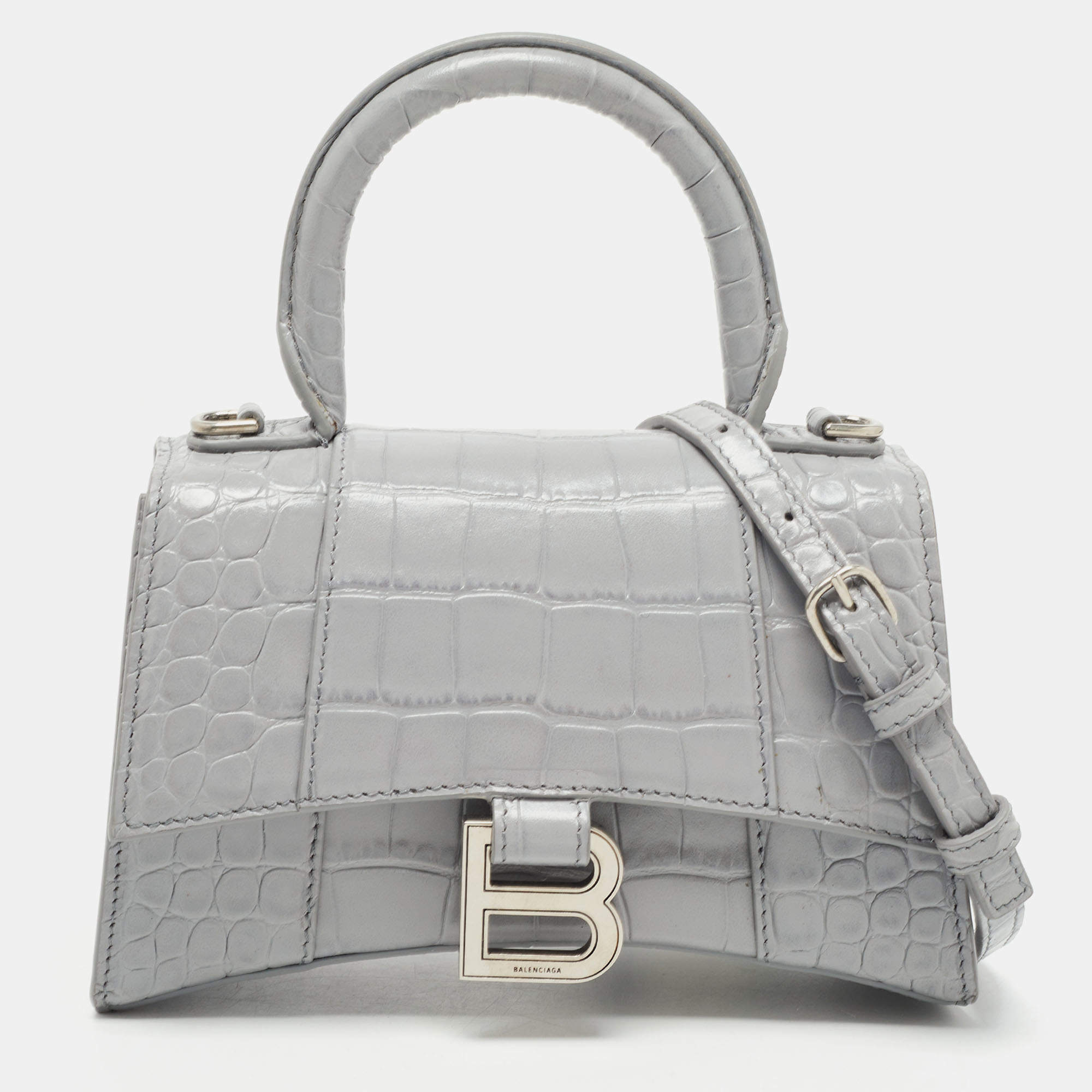 Womens Hourglass Xs Handbag Crocodile Embossed in Silver  Balenciaga US