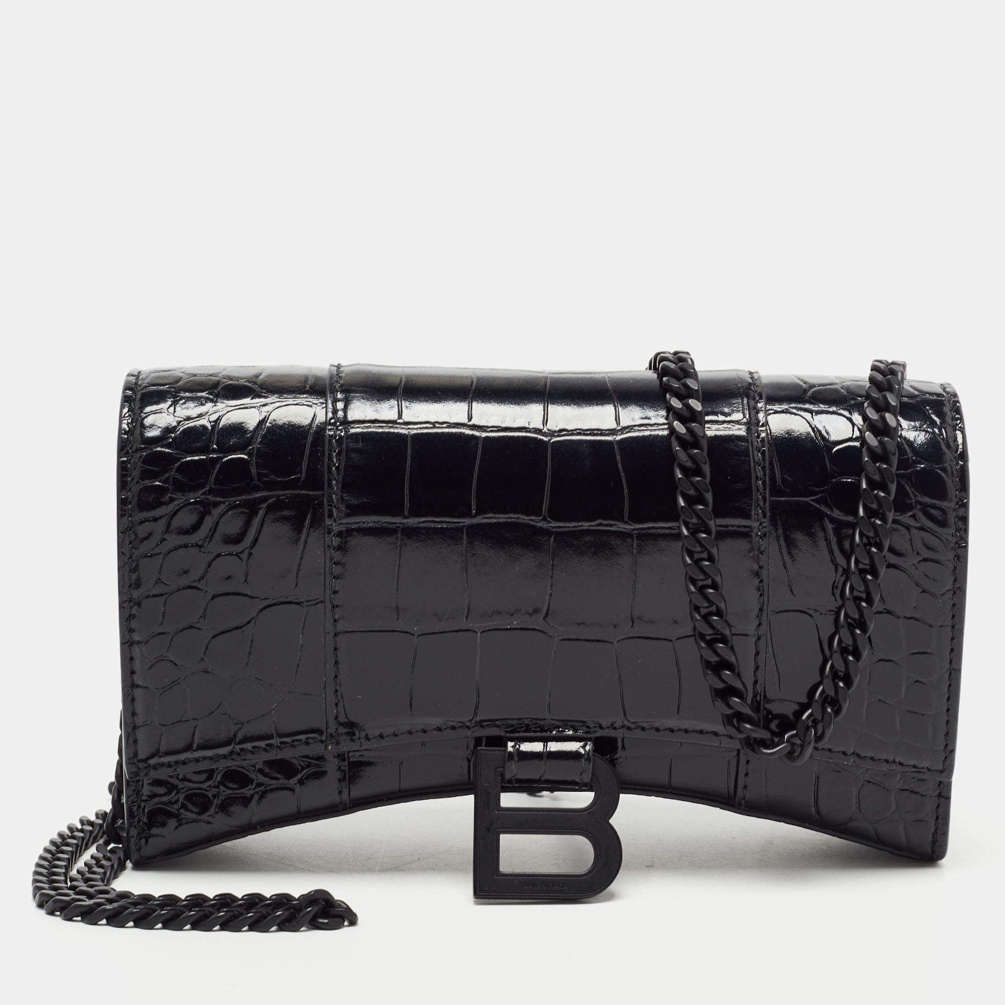 Pre Owned Balenciaga Black Croc Embossed Leather Hourglass Wallet on Chain