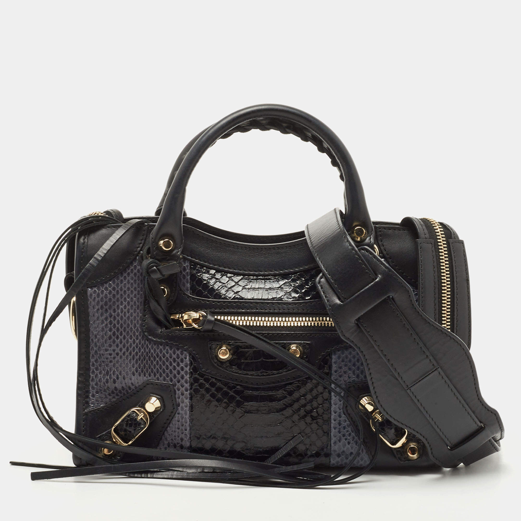 Pre Owned Balenciaga Black/Indigo Leather and Python Mini Classic Metallic Edge City Bag