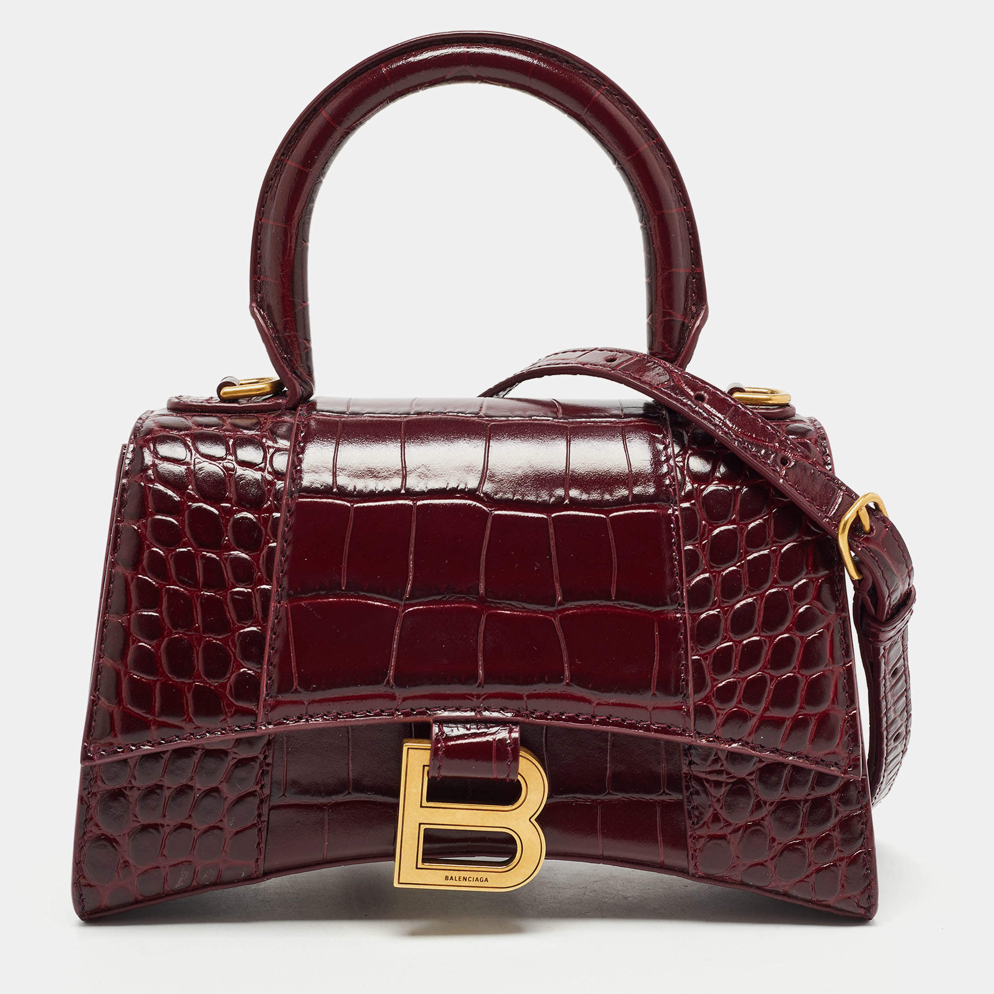 Balenciaga Hourglass Hourglass S Top Handle Bag Crocodile Embossed Burgundy  in Calfskin Leather with Gold-tone - US