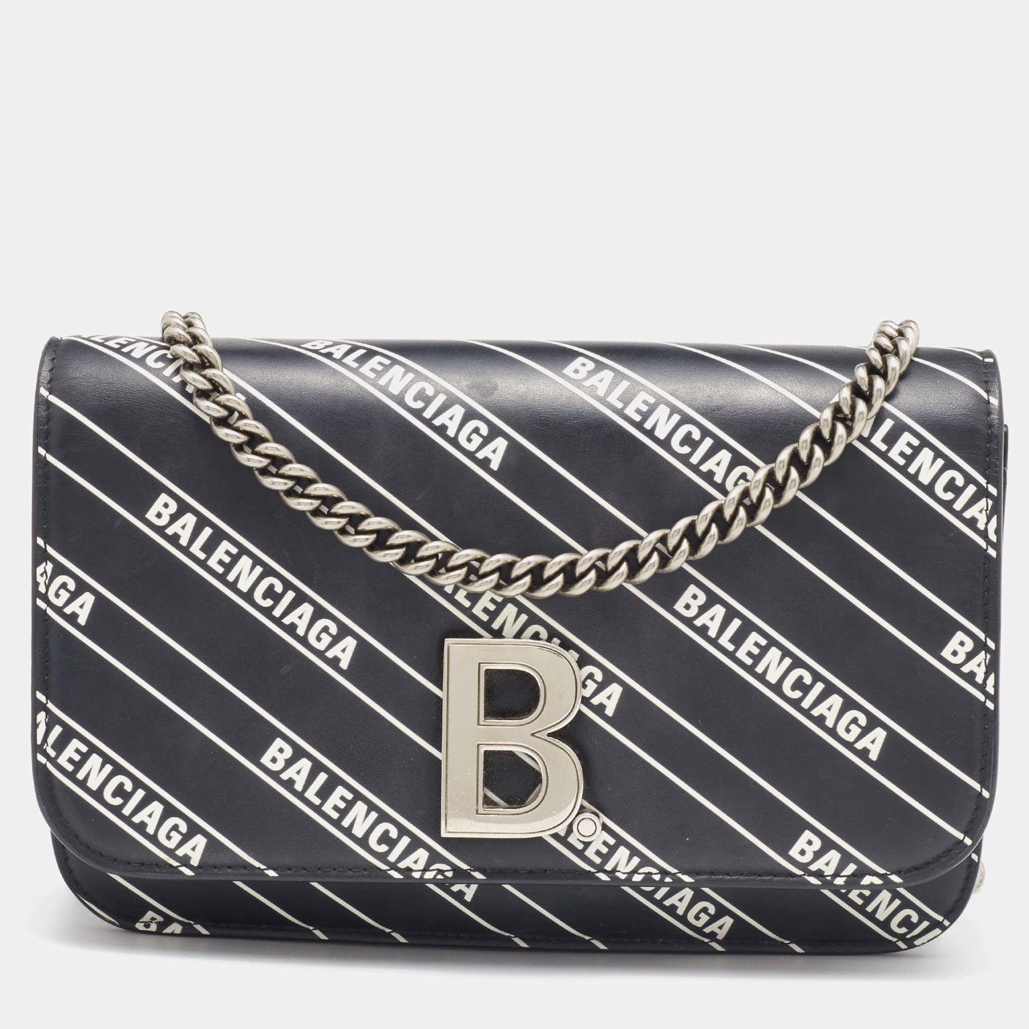 Pre Owned Balenciaga Black Leather B Dot Wallet on Chain