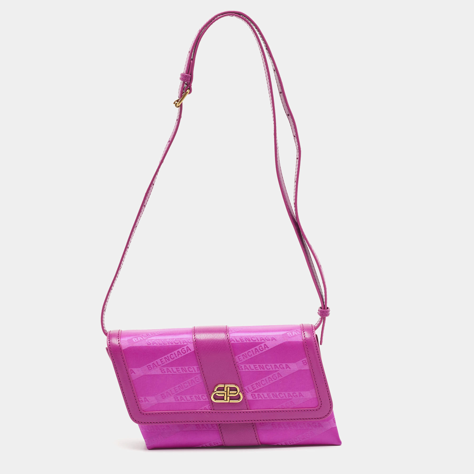 Pre Owned Balenciaga Majenta Jacquard Fabric And Leather Shift S Wallet On Strap