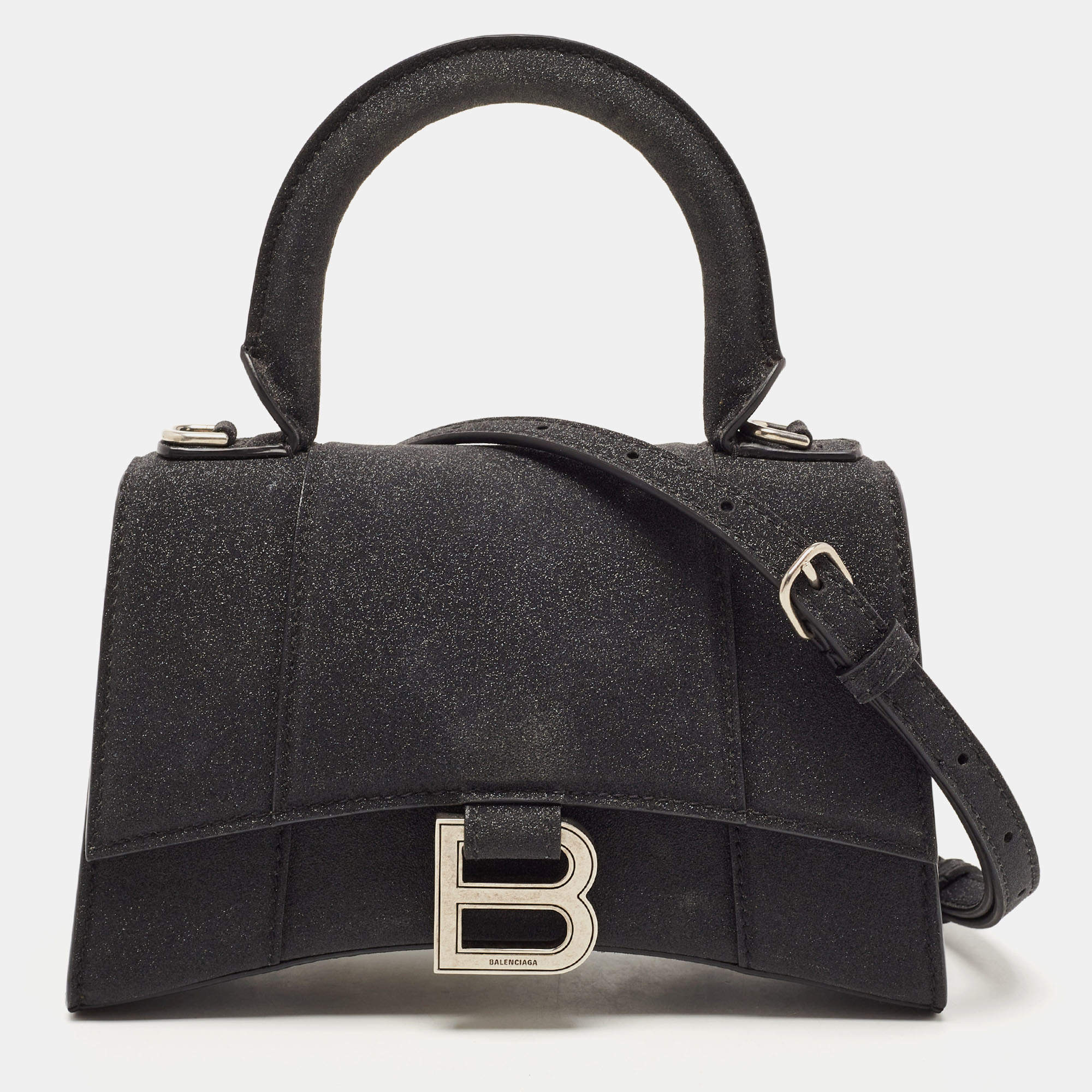 Pre Owned Balenciaga Black Glitter Leather XS Hourglass Top Handle Bag