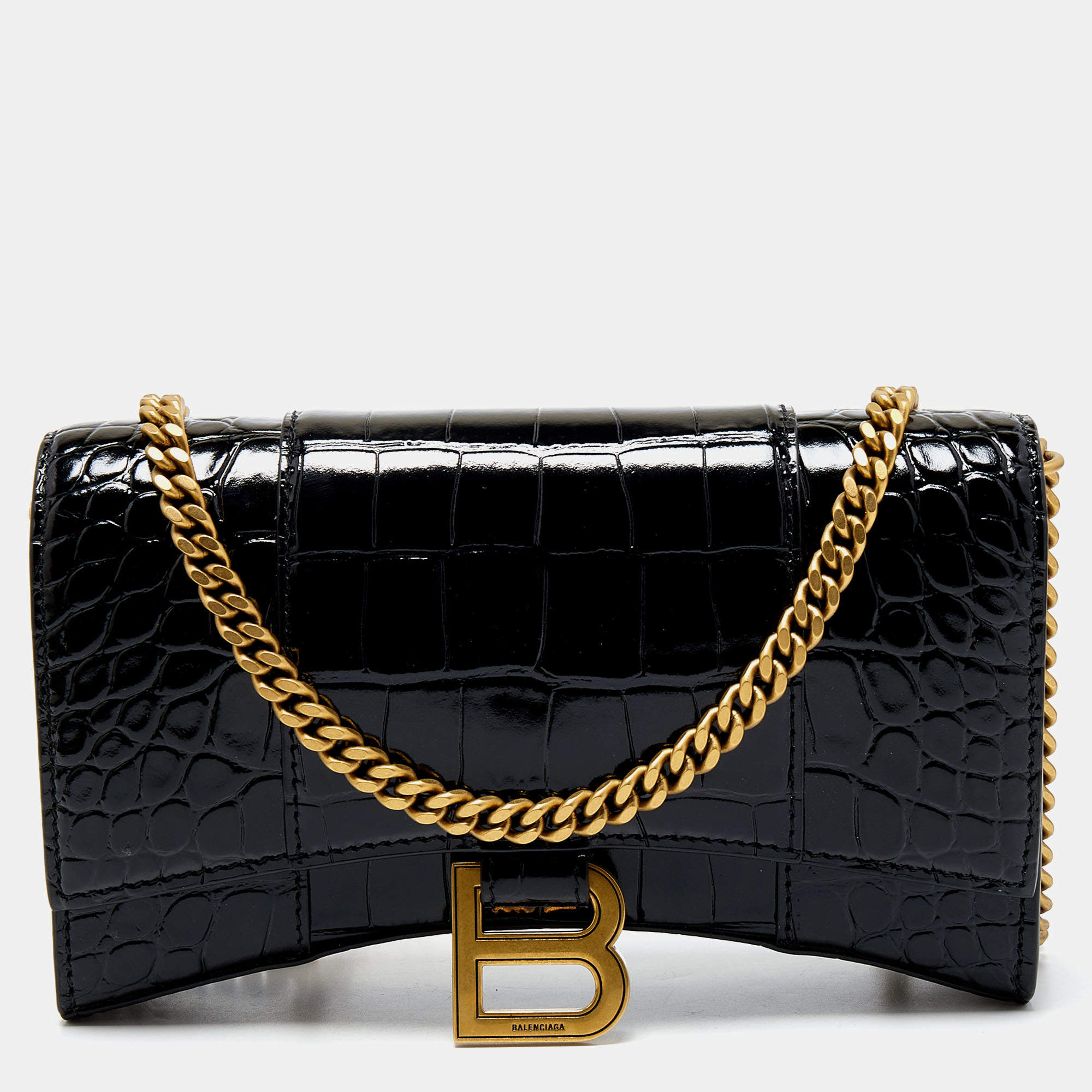 Women's Hourglass Wallet On Chain Crocodile Embossed in Black