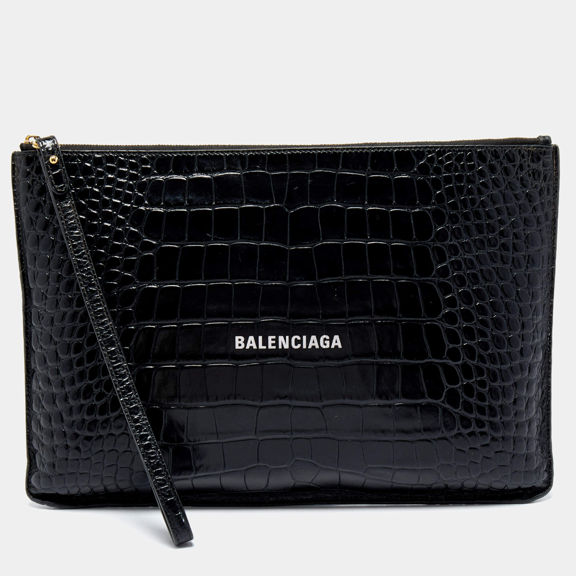 مملوكة مسبقًا Balenciaga Black Croc Embossed Leather Flat Wristlet Pouch