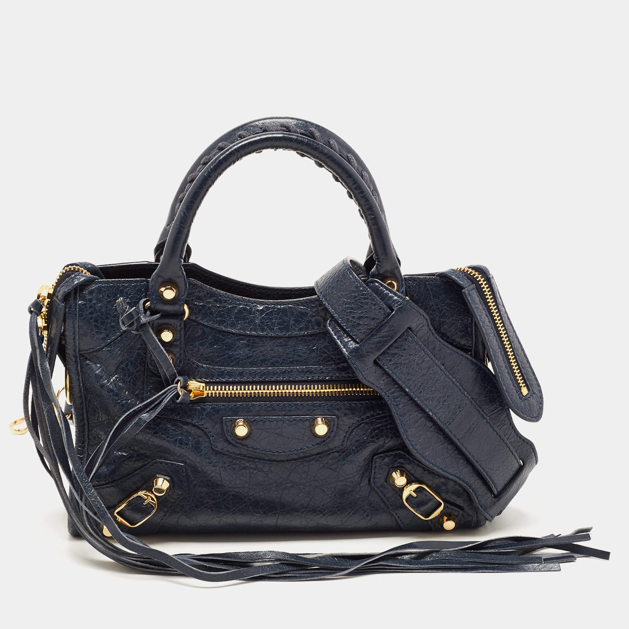 Pre Owned Balenciaga Nay Blue Leather Mini Metallic Edge City Bag
