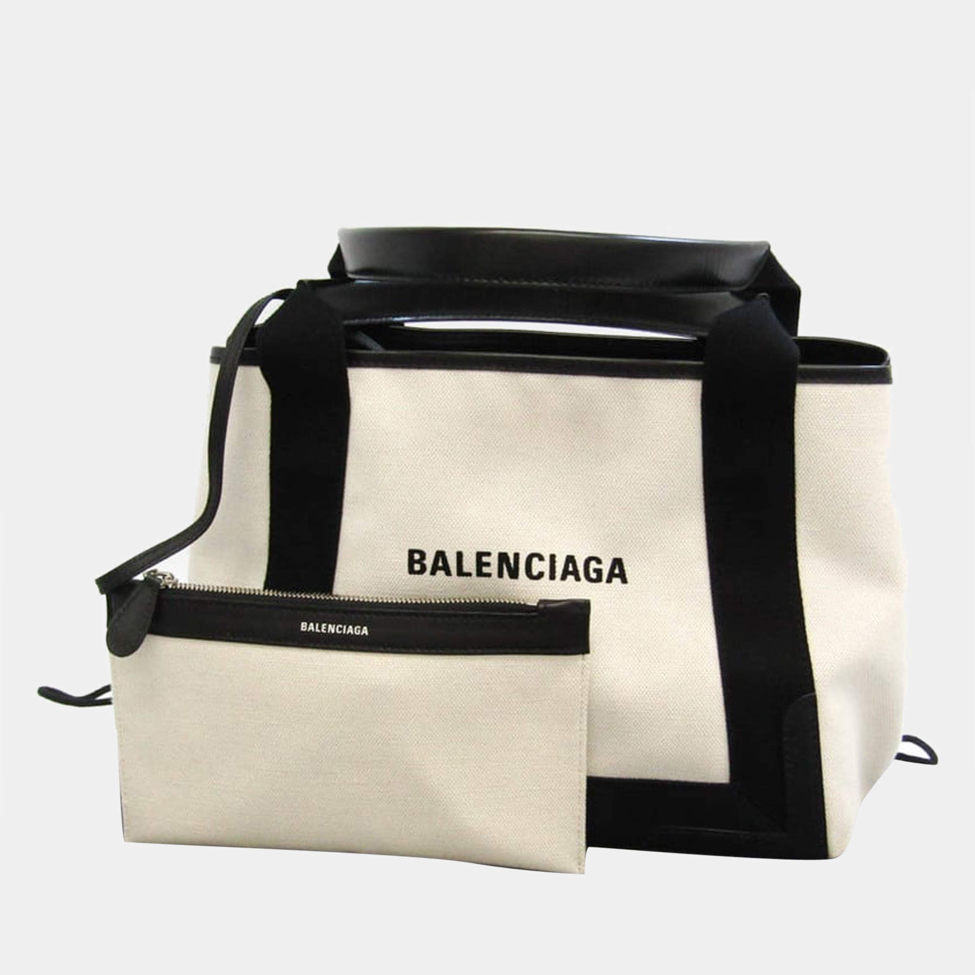 Balenciaga Ecru Canvas Leather Navy Cabas M Tote Bag