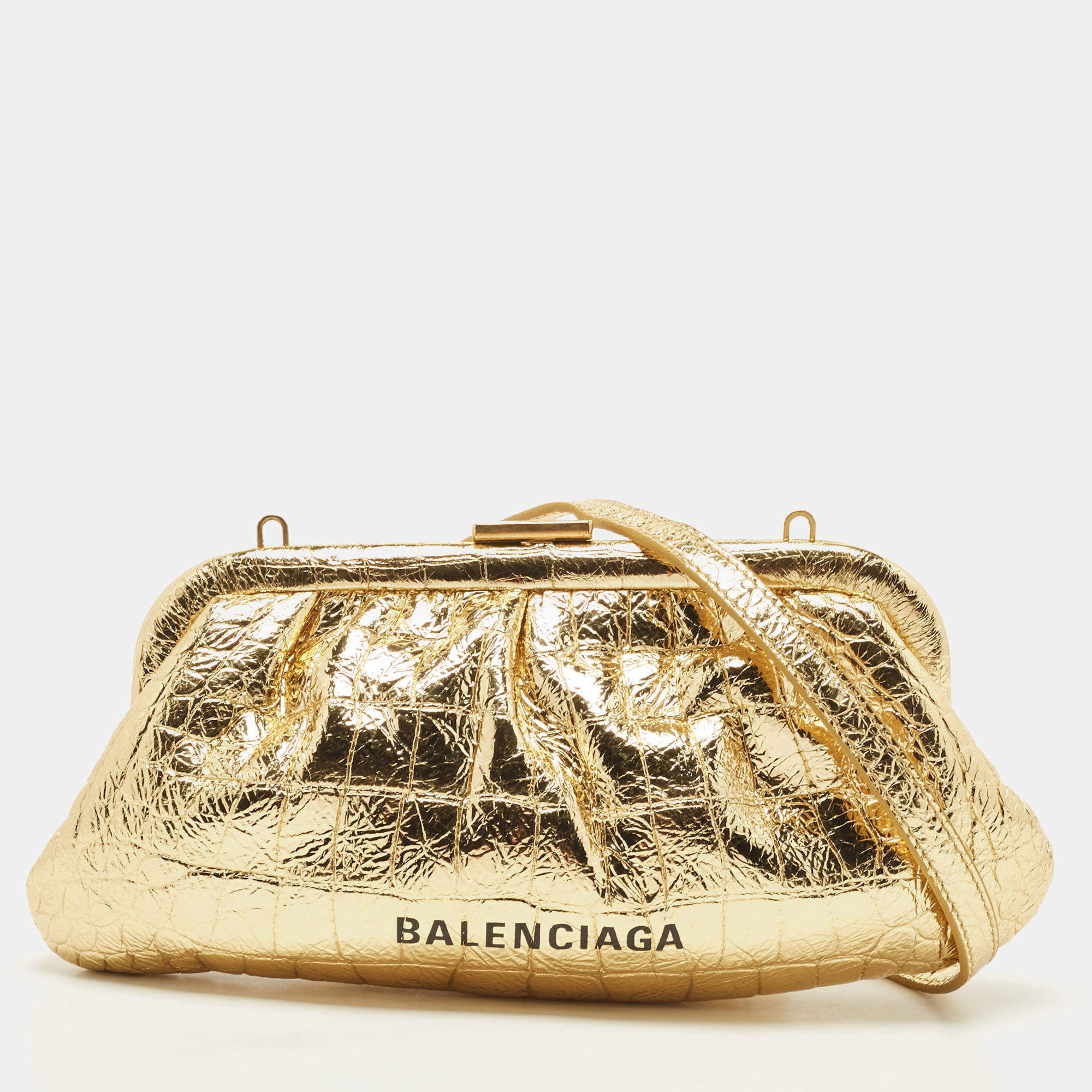 مملوكة مسبقًا Balenciaga Gold Croc Embossed Laminated Leather Cloud XI Clutch Bag