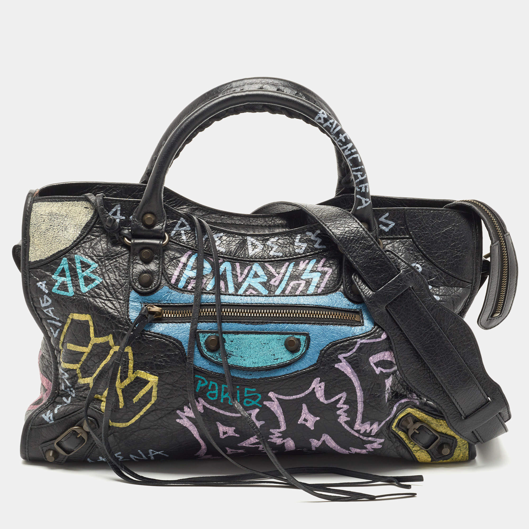Pre Owned Balenciaga Black Graffiti Leather City Tote