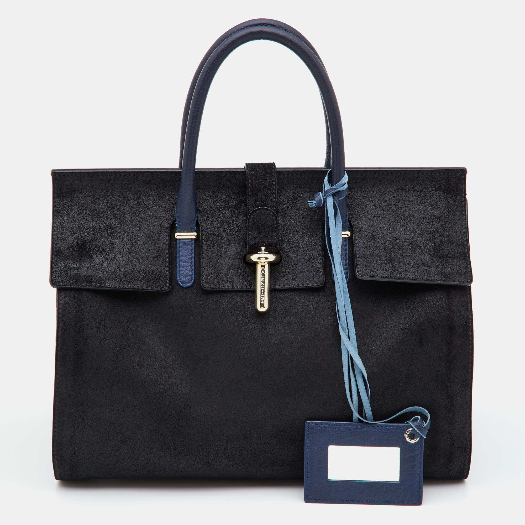 Balenciaga Black/Blue Nubuck and Leather M Tube Round Satchel