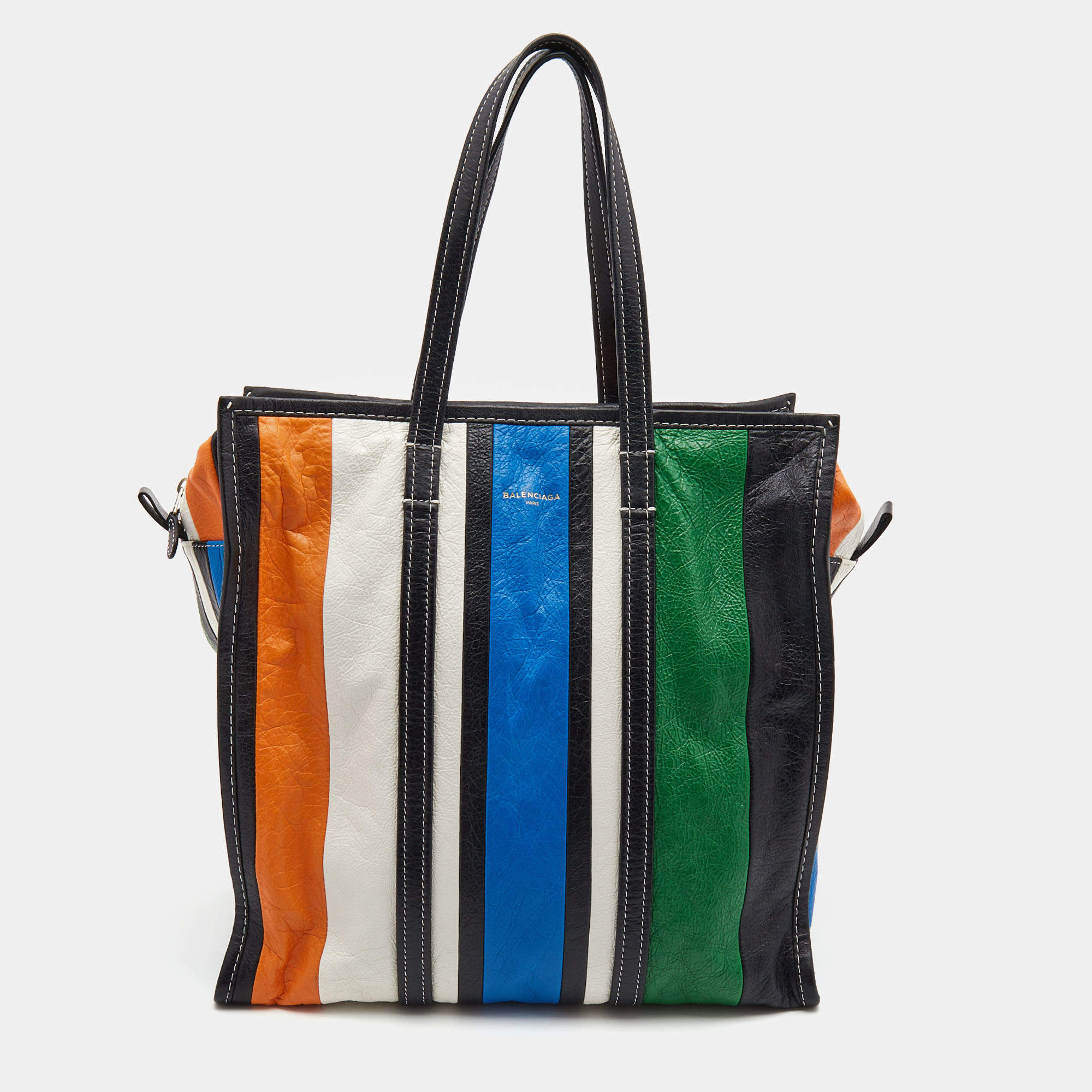 Pre Owned Balenciaga Multicolor Striped Leather Medium Bazaar Shopper Tote