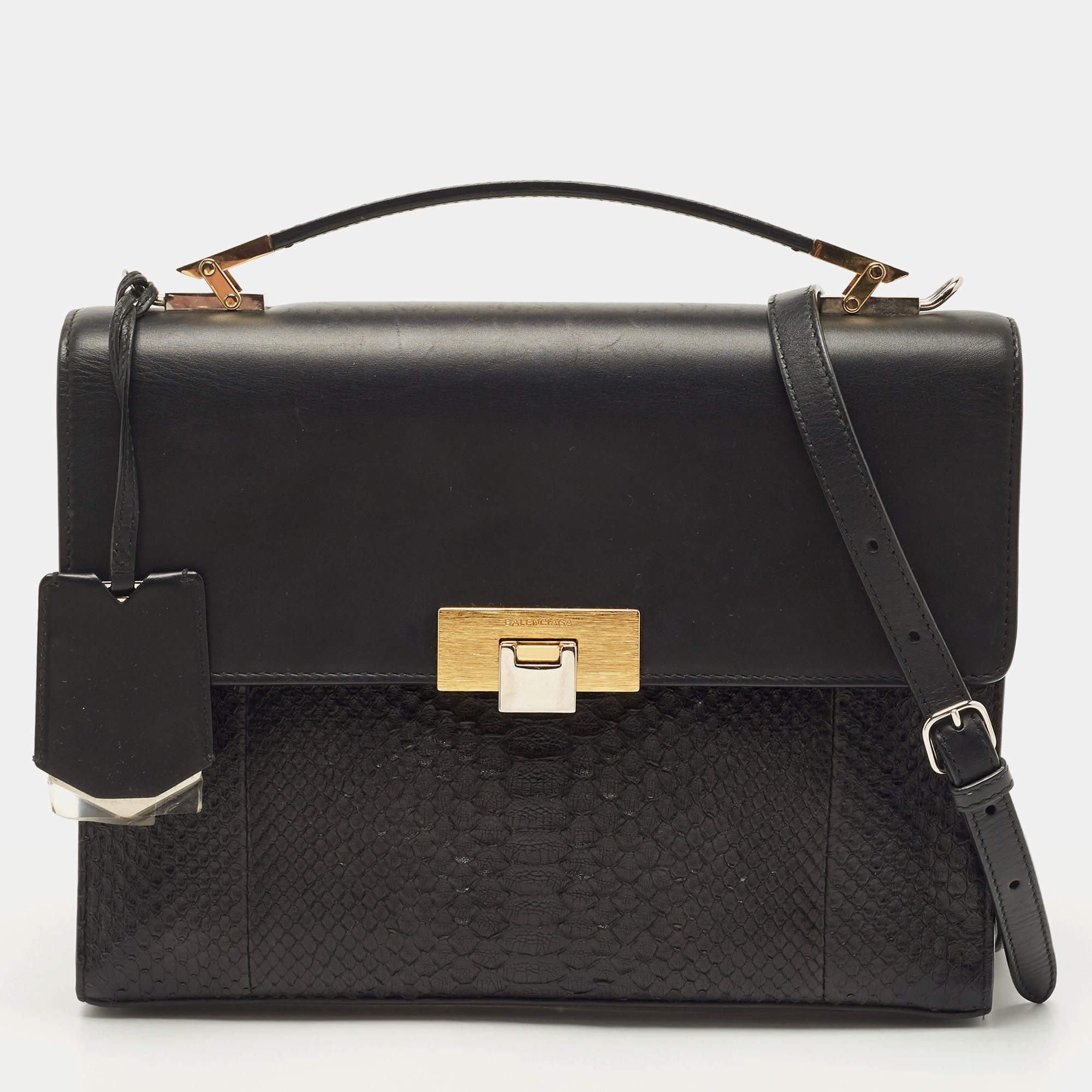 مملوكة مسبقًا Balenciaga Black Leather and Python Le Dix Cartable Top Handle Bag