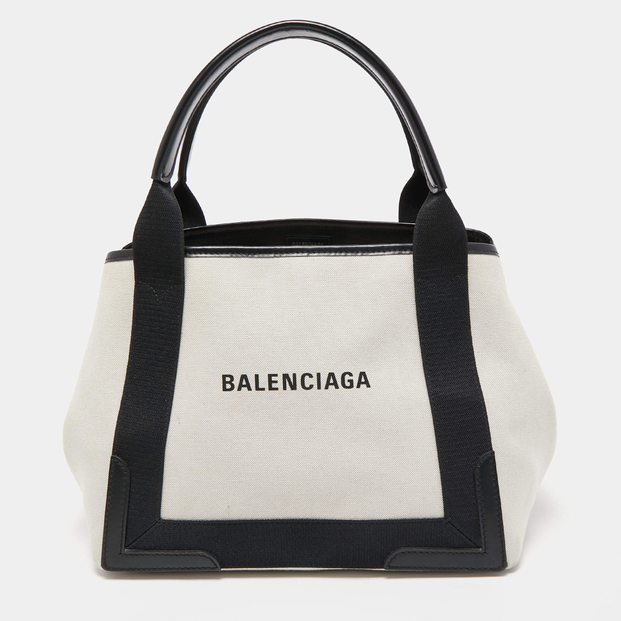 Pre Owned Balenciaga Off White/Black Printed Canvas and Leather Small Cabas Tote
