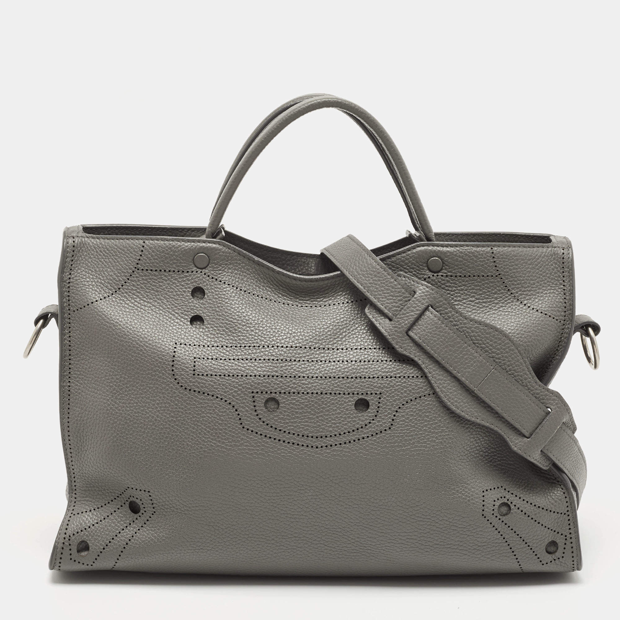 Pre Owned Balenciaga Grey Leather Black Out City Bag