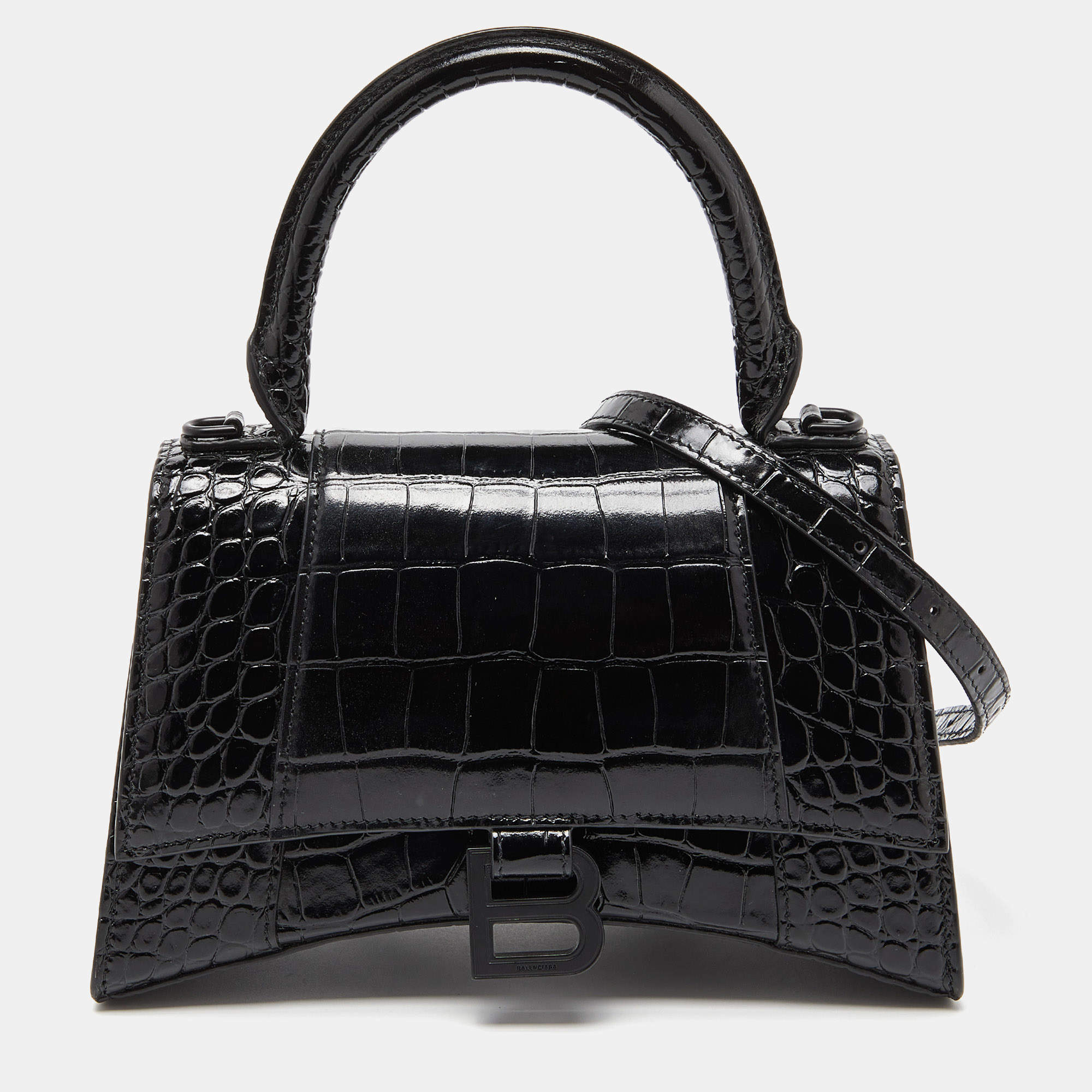 Balenciaga Black Croc Embossed Leather Small Hourglass Top Handle Bag ...