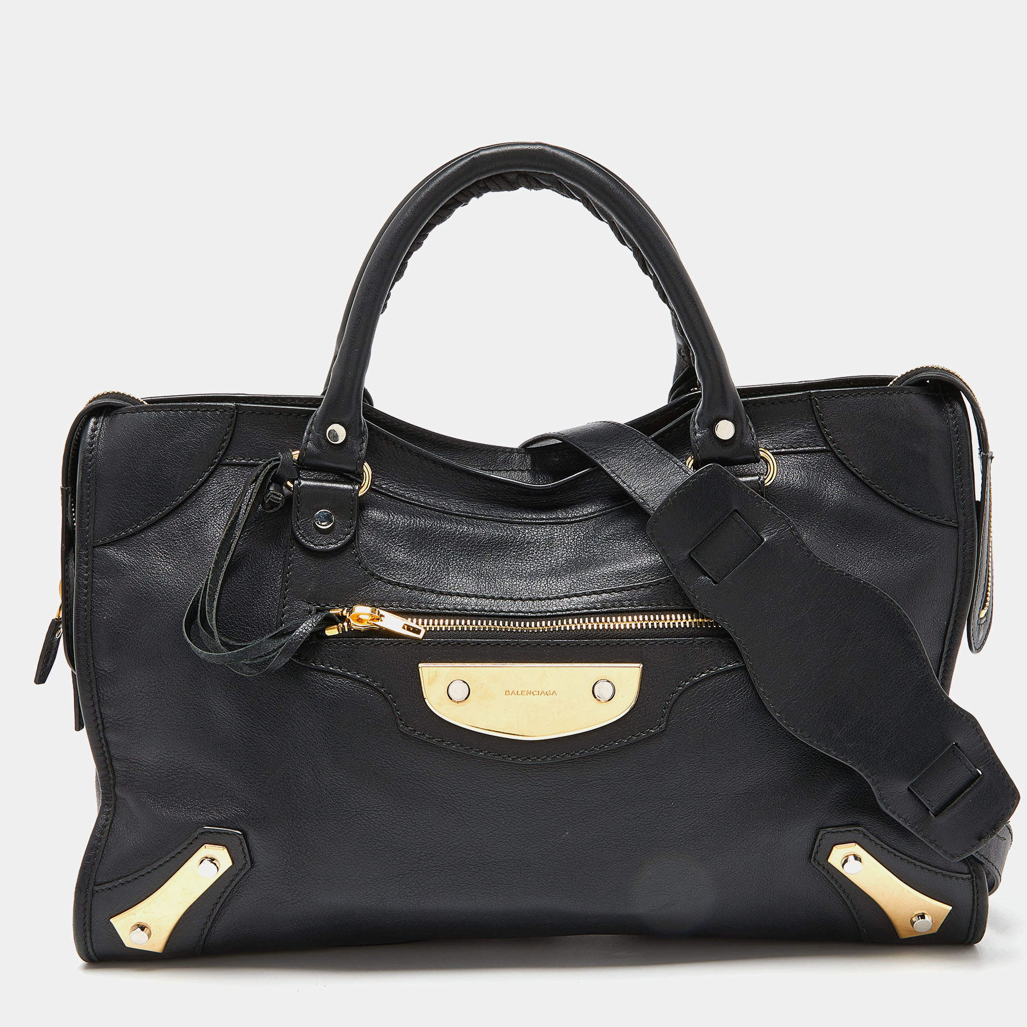 Pre Owned Balenciaga Black Leather Metal Plate Classic City Bag