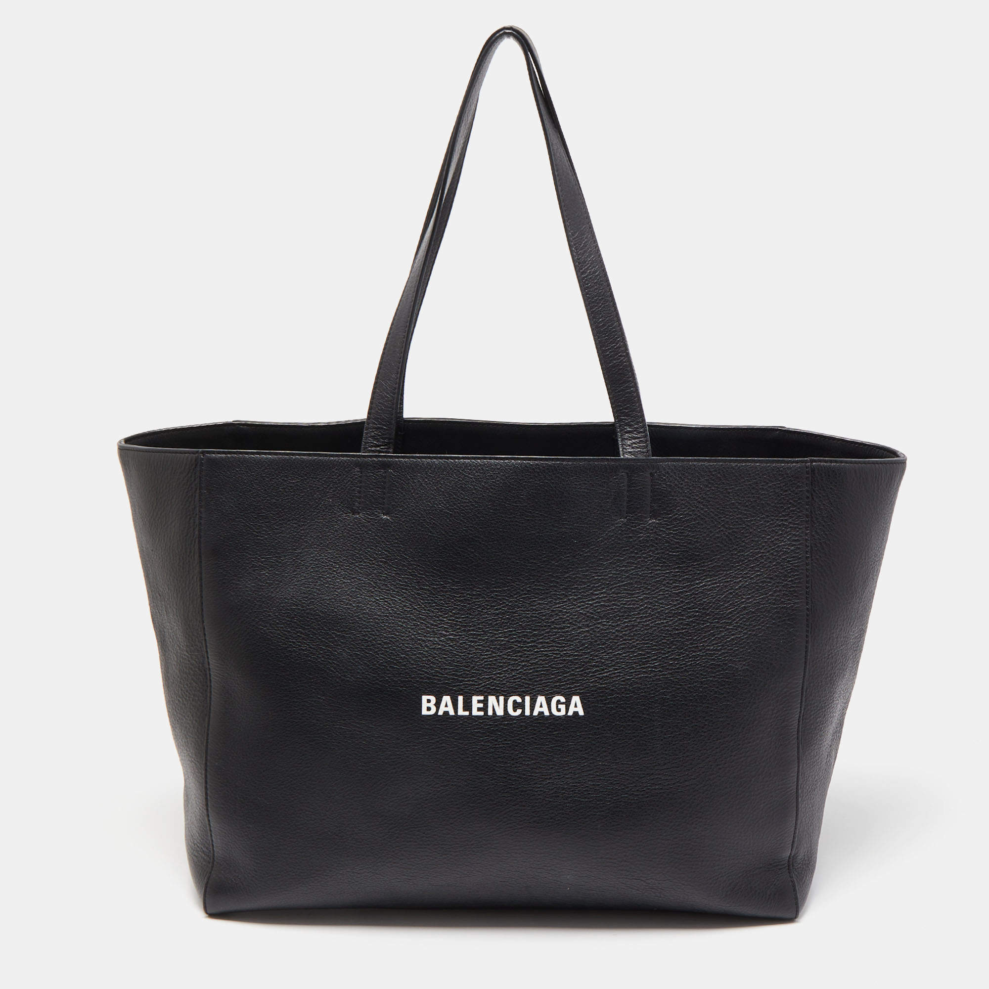 Pre Owned Balenciaga Black Leather Logo Top Zip Shopper Tote