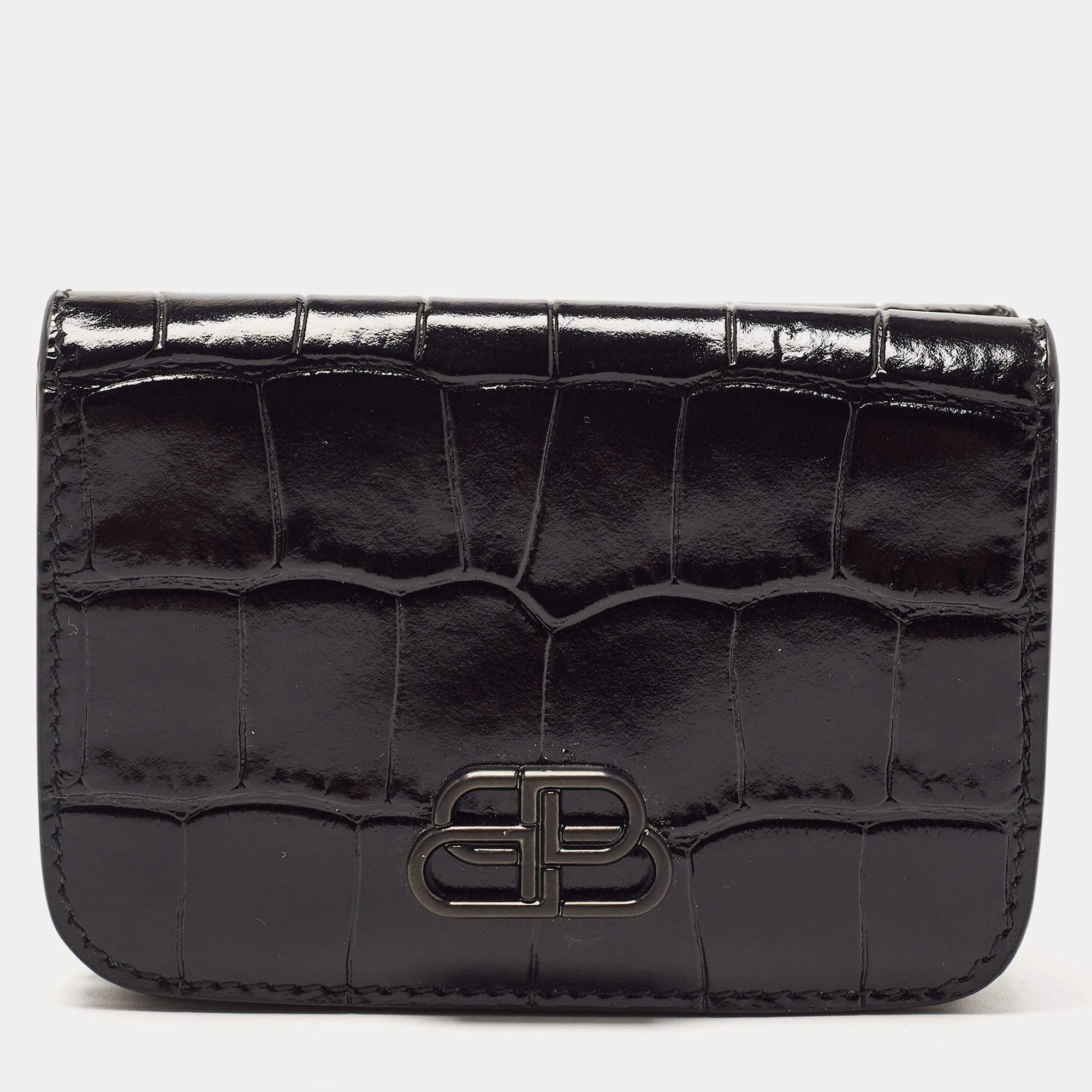 Pre Owned Balenciaga Black Croc Embossed Shiny Leather Mini BB Wallet