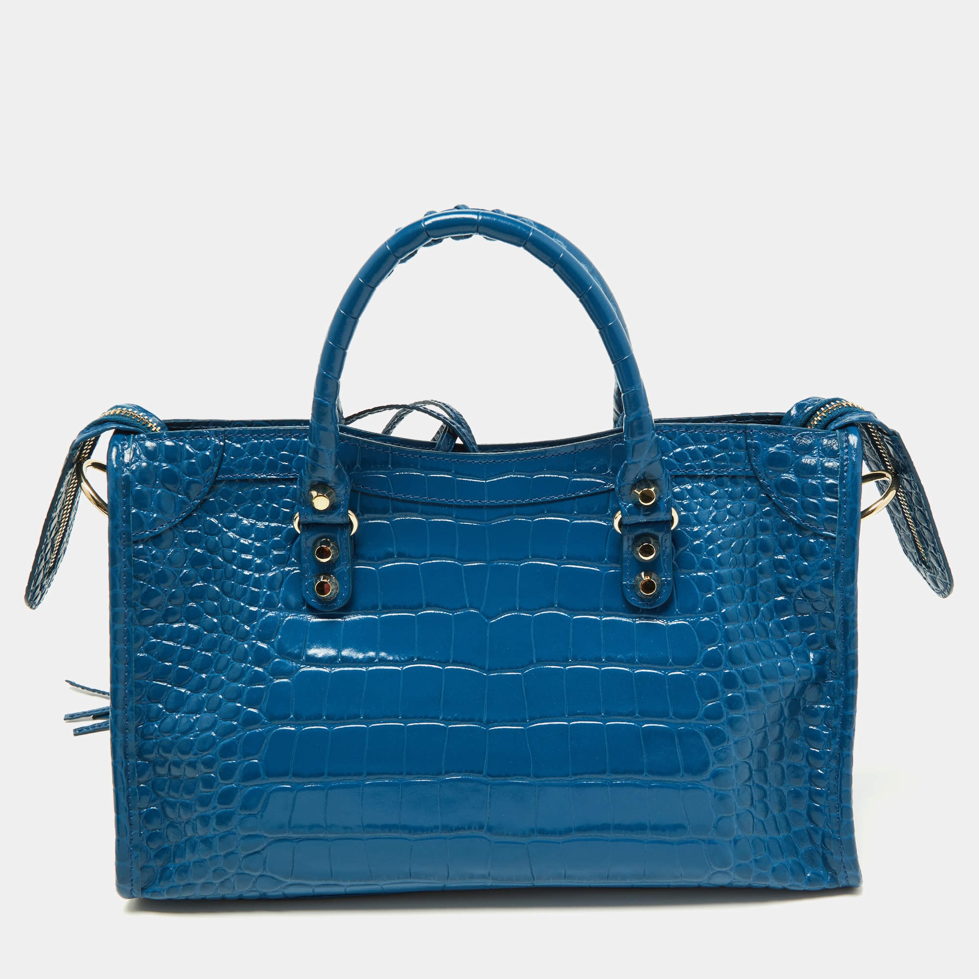 Balenciaga Blue Croc Embossed Leather Small Metallic Edge City Bag Balenciaga TLC