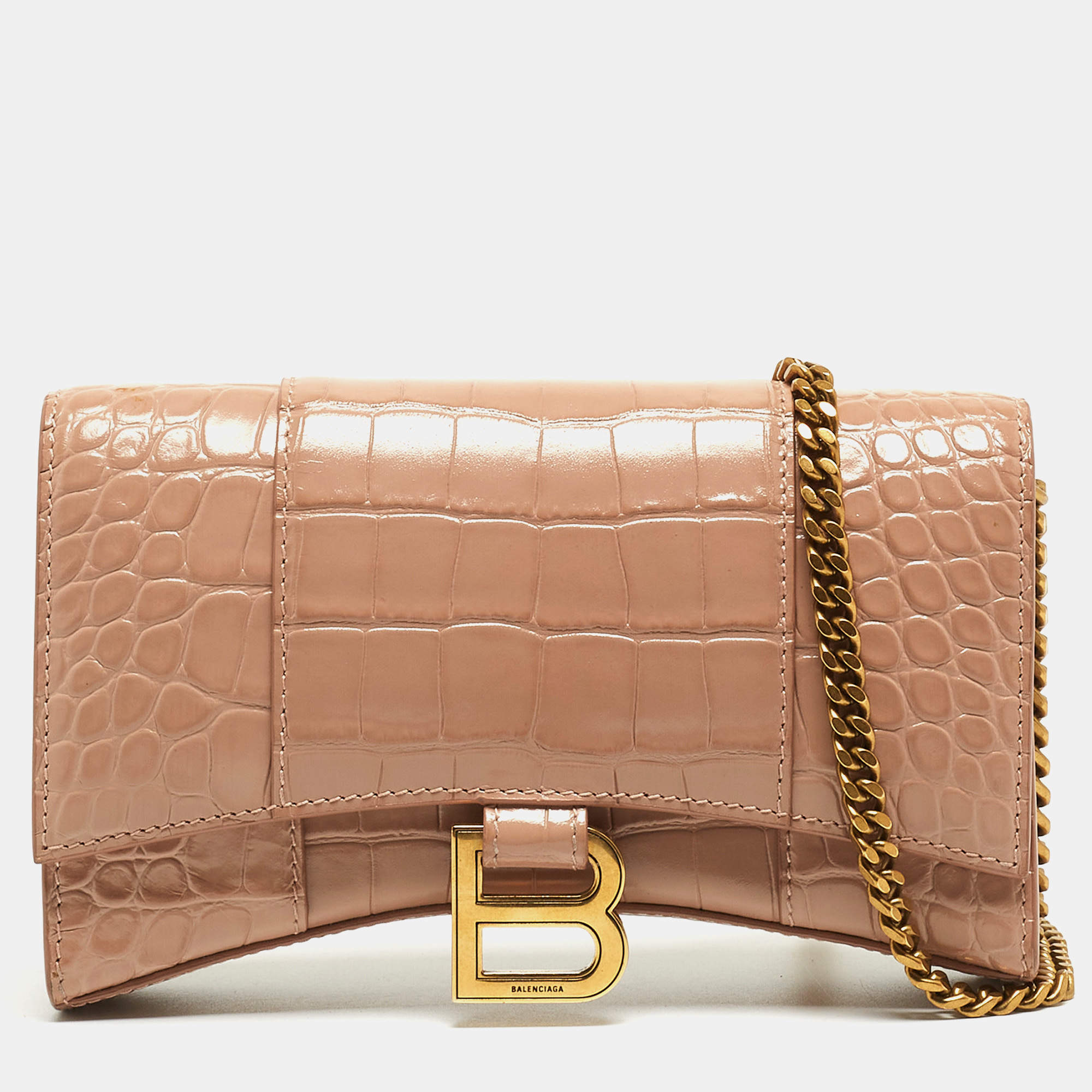 Pre Owned Balenciaga Old Rose Croc Embossed Leather Hourglass Wallet on Chain