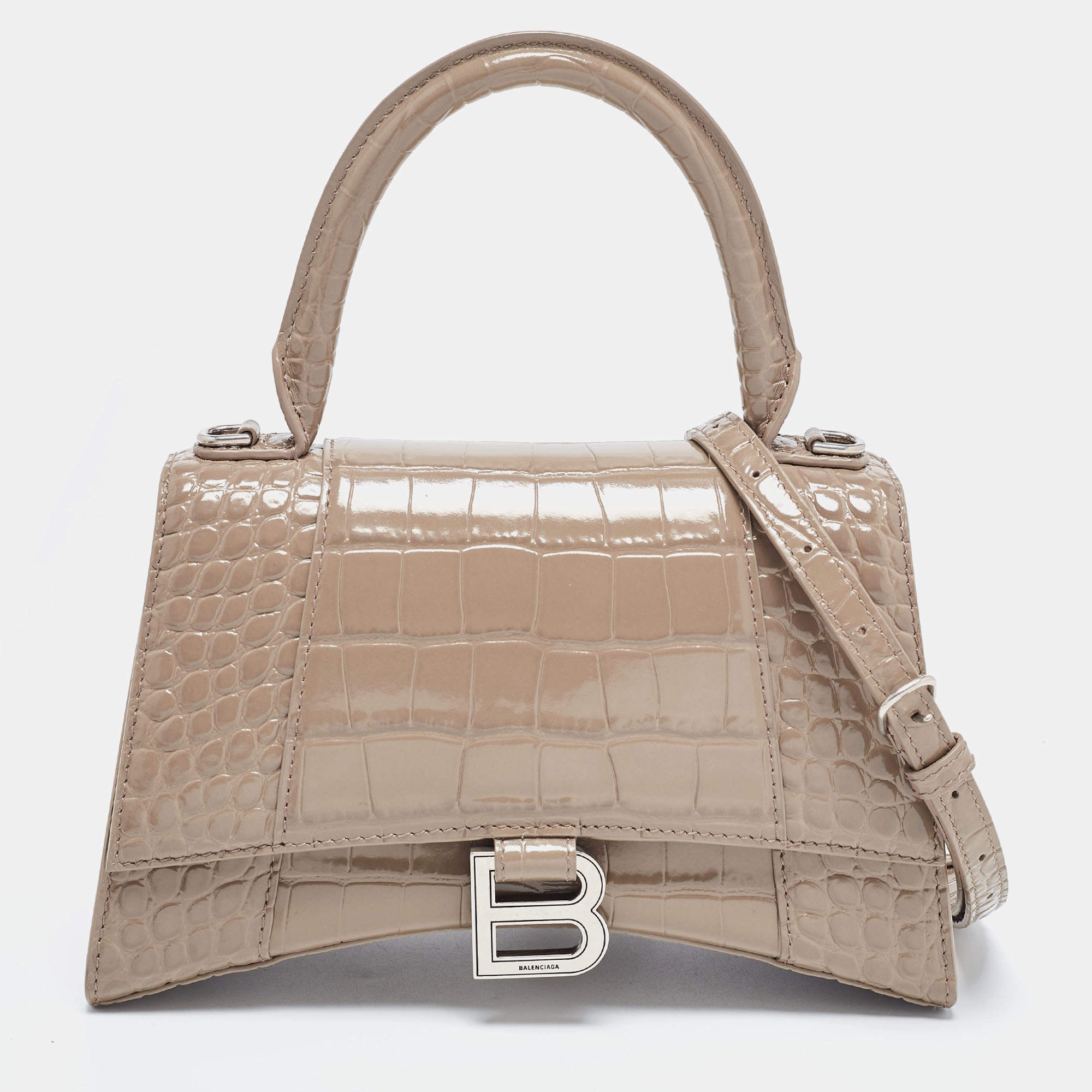 Balenciaga Beige Croc Embossed Leather Small Hourglass Top Handle Bag  Balenciaga